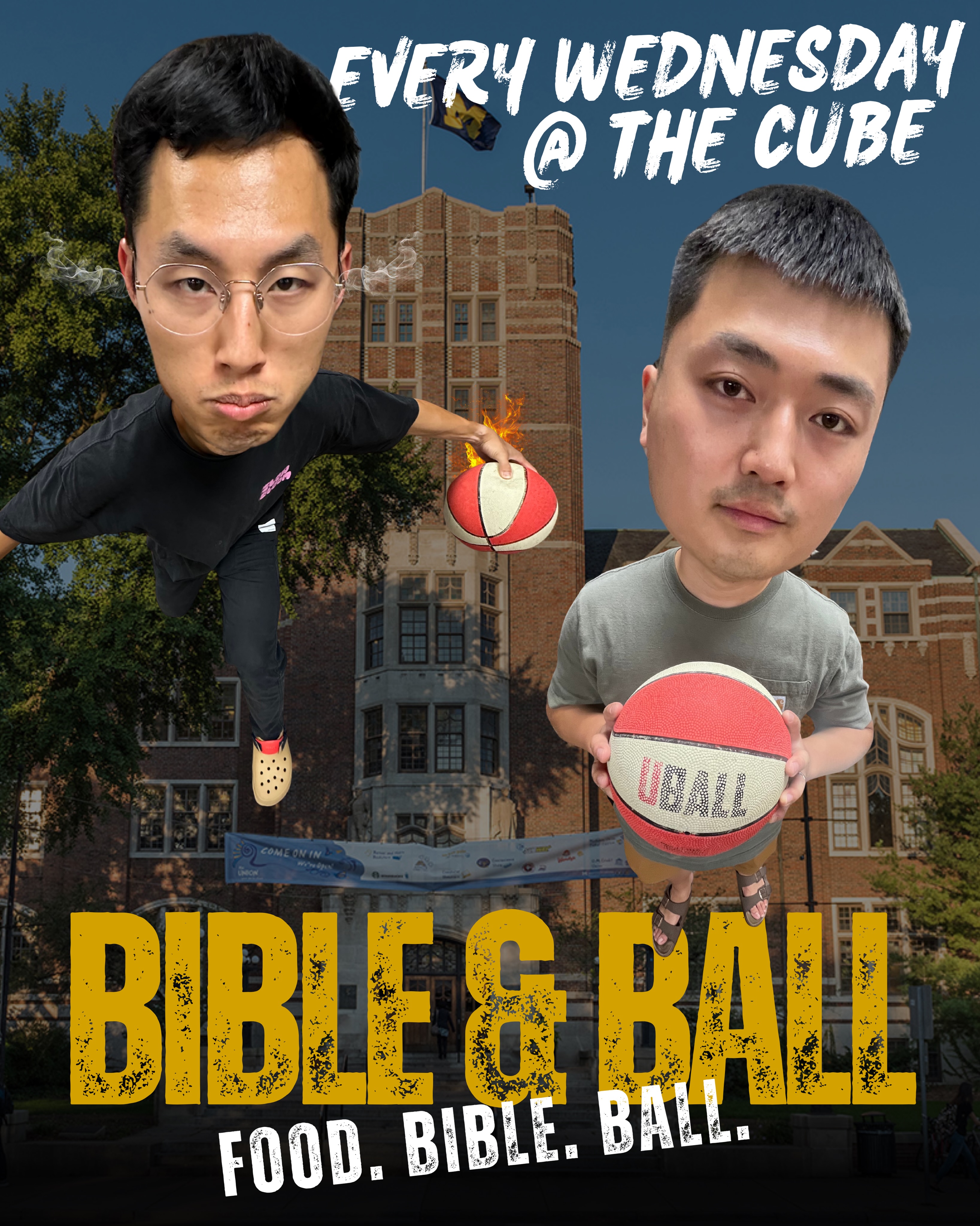 BIBLE AND BALL (Men’s Group)🔥🏀 every WEDNESDAY @ 8 pm - Bethlehem United Church of Christ (423 S 4th Avenue)
Here it is in their own words:
Food. Bible. Ball. Grab a home-cooked meal, talk about the Bible & real life with other guys, then hit the court. Bible & Ball is a weekly space to hoop, build friendships, and be real.
Dm or visit the bio to join the GroupMe 🔥🏀 Open to Christians, non-Christians, & just general hoopers.
P.s: Only for the first 5 weeks of the semester! Come through before it gets cold 🥶
P.p.s. #sorrynotsorry to the bros for the bobble head edit. Eden had too much fun with #Canva.
P.p.p.s. sorry for the repost, last one had the wrong date!