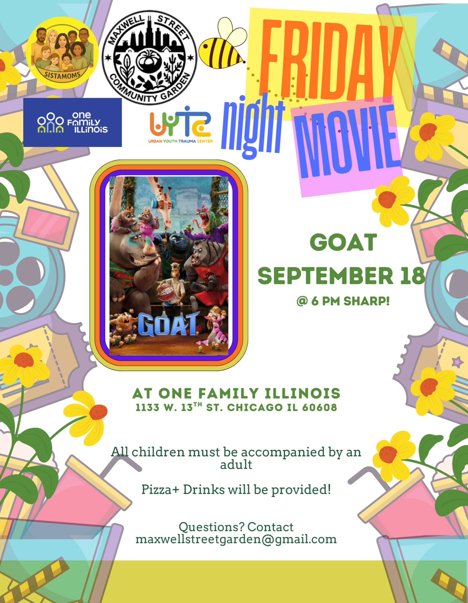 Finally, a movie night that will not get rained out! Join us at OFI at 1133 W 13th st on September 18th for Goat! @sistamoms_global @onefamilyillinois @uytc_chicago