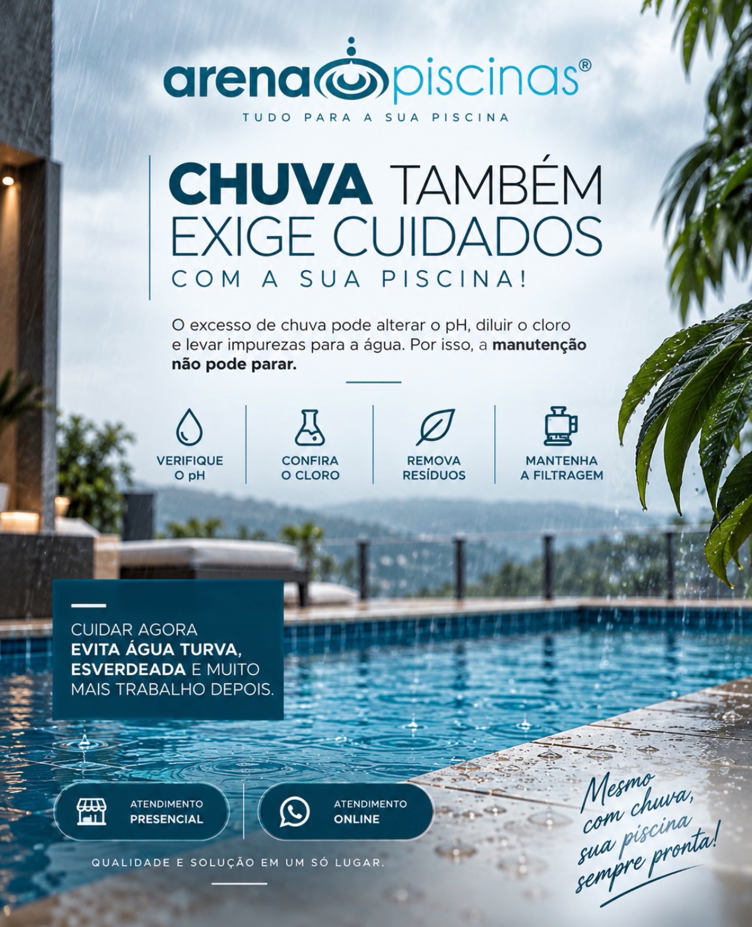 🌧️ Chuva por aí? Nós estamos por aqui! 💧
Mesmo nos dias chuvosos, os cuidados com a sua piscina não podem parar. Na Arena Piscinas, você encontra tudo o que precisa para manter a água limpa, equilibrada e bem cuidada.
💦 Produtos para tratamento
💦 Acessórios e equipamentos
💦 Orientação para cuidar da sua piscina
📍 Estamos atendendo presencialmente e também online.
Conte com a Arena Piscinas em qualquer clima! 🌧️☀️
#ilhabela #piscina