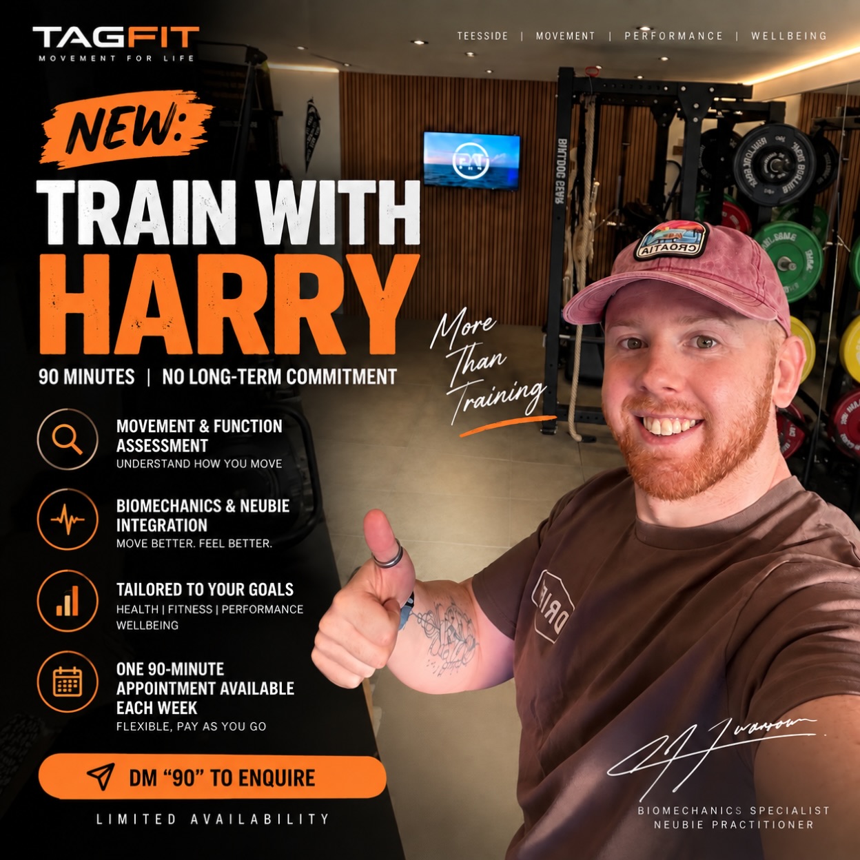 For the first time, I’m opening ONE 90-minute appointment in my diary each week for people who want to work 1:1 with me without committing to my usual 3-month coaching structure.
This is a flexible, pay-as-you-go service. You don’t need to attend every week, simply book the available weekly appointment when it works for you.
Perfect for:
✈️ People who regularly work away or travel
💼 Business owners & professionals with demanding or unpredictable diaries
📍 Those travelling to TAGFIT from further afield
📆 Anyone who can’t commit to the same appointment every week
Your first session is a comprehensive Movement & Function Assessment, allowing me to understand how you move, identify restrictions and establish your individual goals.
Future sessions then combine:
⚡️ Biomechanics & movement restoration
⚡️ NEUBIE neuromuscular stimulation
⚡️ Mobility & strength
⚡️ Movement and performance coaching
⚡️ Health, fitness & wellbeing strategies
Everything is tailored specifically to you, your body and your goals.
90 minutes | 1:1 | Pay as you go | No commitment
🔥 Only ONE appointment available each week.
📍 TAGFIT | Teesside
DM “90” to enquire.