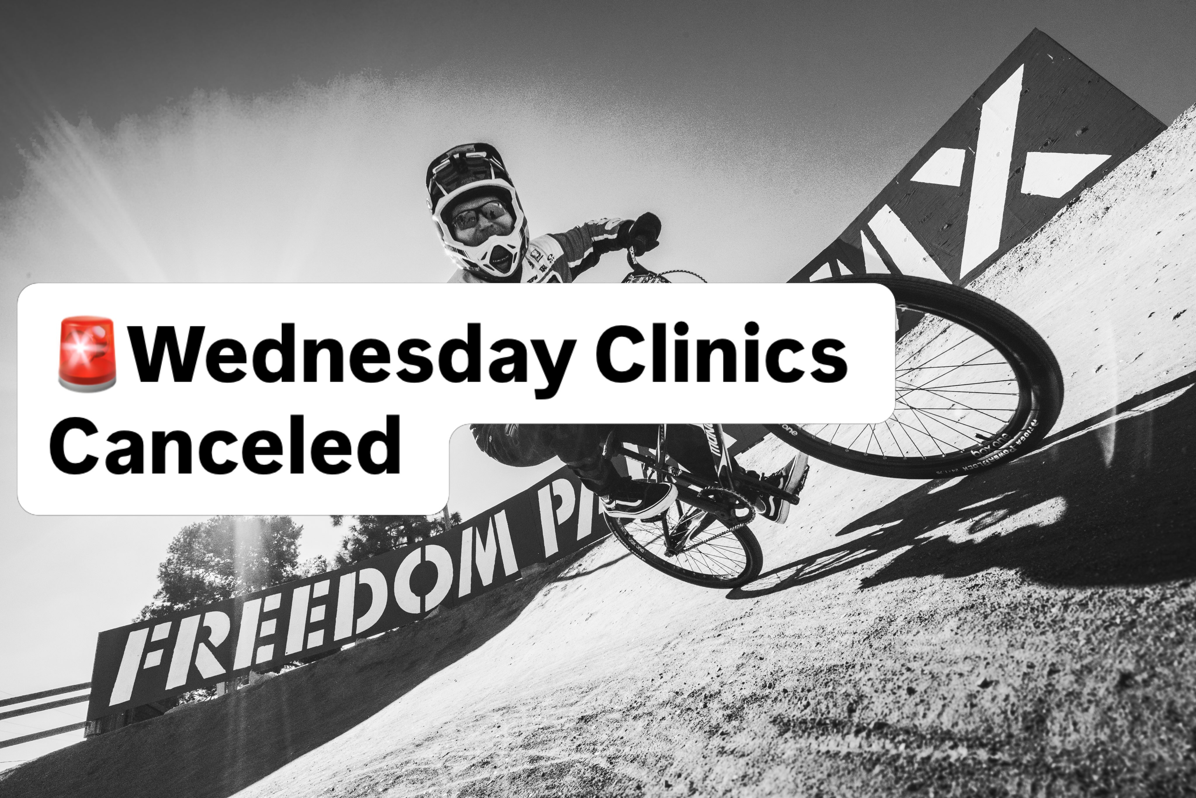 Wednesday clinics are canceled today September 9th.
Hoping the track is good to go for racing tomorrow! Check back here for an update tomorrow afternoon.
#freedomparkbmx