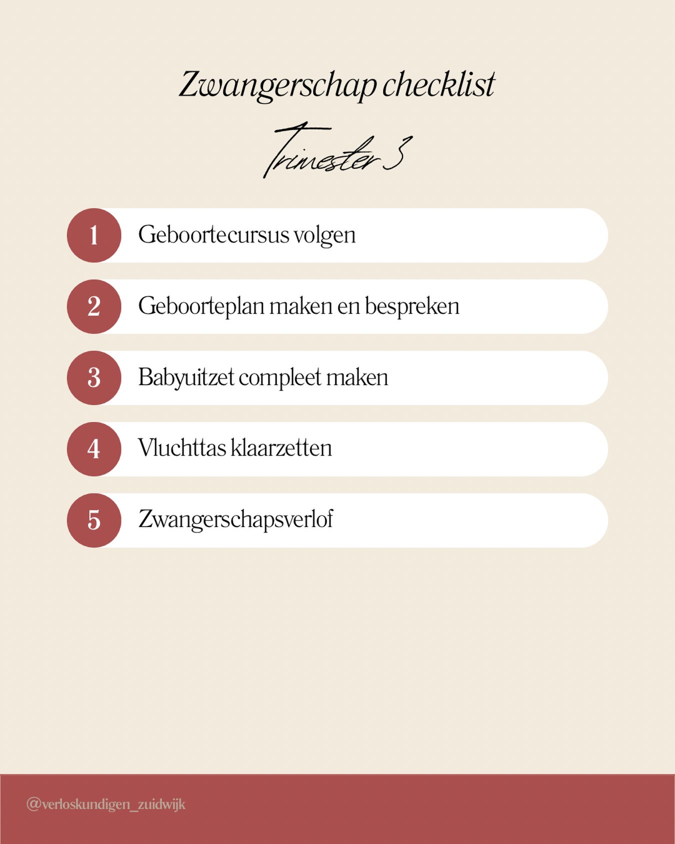 Zwangerschap checklist - trimester 3 👶🏼
1. Bij ons kun je een geboortecursus volgen. Aanmelden kan per e-mail. Je kan ergens anders ook een borstvoedingscursus volgen! Raden we ook zeker aan om te doen.
2. Je kunt eventueel gebruikmaken van ons geboorteplan format, toegevoegd op je USB. Samen met de verloskundige bespreek je hierin jouw wensen rondom de bevalling én de belinstructies. We voegen het geboorteplan daarna toe aan je dossier, zodat alle verloskundigen op de hoogte zijn van jouw wensen.
3. Heb je alles in huis voor de komst van jullie baby? Dit is een fijn moment om de laatste spullen aan te schaffen en alles klaar te zetten.
4. Zet je vluchttas en de autostoel alvast klaar. Wil je thuis bevallen? Zorg dan ook dat je de benodigde spullen in huis hebt. Denk bijvoorbeeld aan het huren van een bevalbad als je dit wilt gebruiken. Controleer ook of je kraampakket binnen is.
5. Op een gegeven moment gaat je zwangerschapsverlof in. Een mooi moment om wat meer rust te nemen en je voor te bereiden op de komst van jullie baby.
✨ Daarnaast zijn er in het derde trimester belangrijke controlemomenten:
• Rond 30 weken: ijzercontrole
• Rond 30 weken: anti-D-profylaxe indien je rhesus D-negatief bent en de baby rhesus D-positief is
• Groeiecho’s: indien hier een indicatie voor is, worden deze in het derde trimester ingepland
• Rond 35 weken: als er geen indicatie is voor een groeiecho, wordt de ligging van je baby gecontroleerd met een liggingsecho
#zwangerschap #verloskundigen #verloskundigenpraktijk