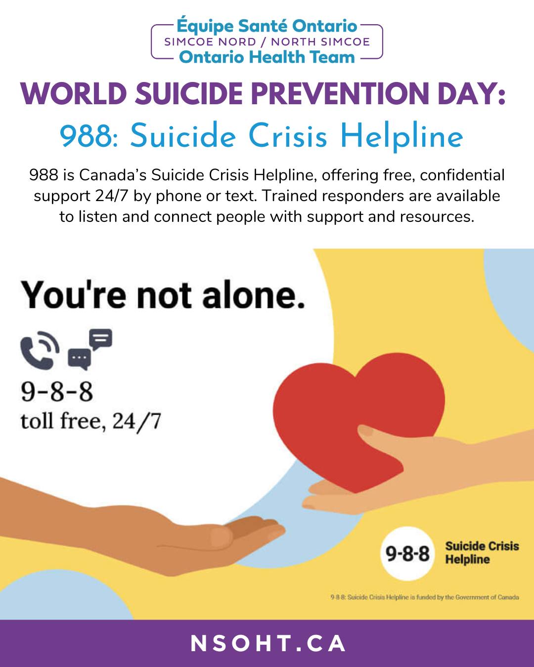 🧡 September 10 | World Suicide Prevention Day 🧡
Today is an opportunity to raise awareness, encourage open conversations, and remind others that connection and support can make a difference.
If you or someone you know is struggling or thinking about suicide, call or text 9-8-8 for free, confidential support, available 24/7.
#WorldSuicidePreventionDay #988Helpline #NSOHT #OntarioHealthTeam #OHT