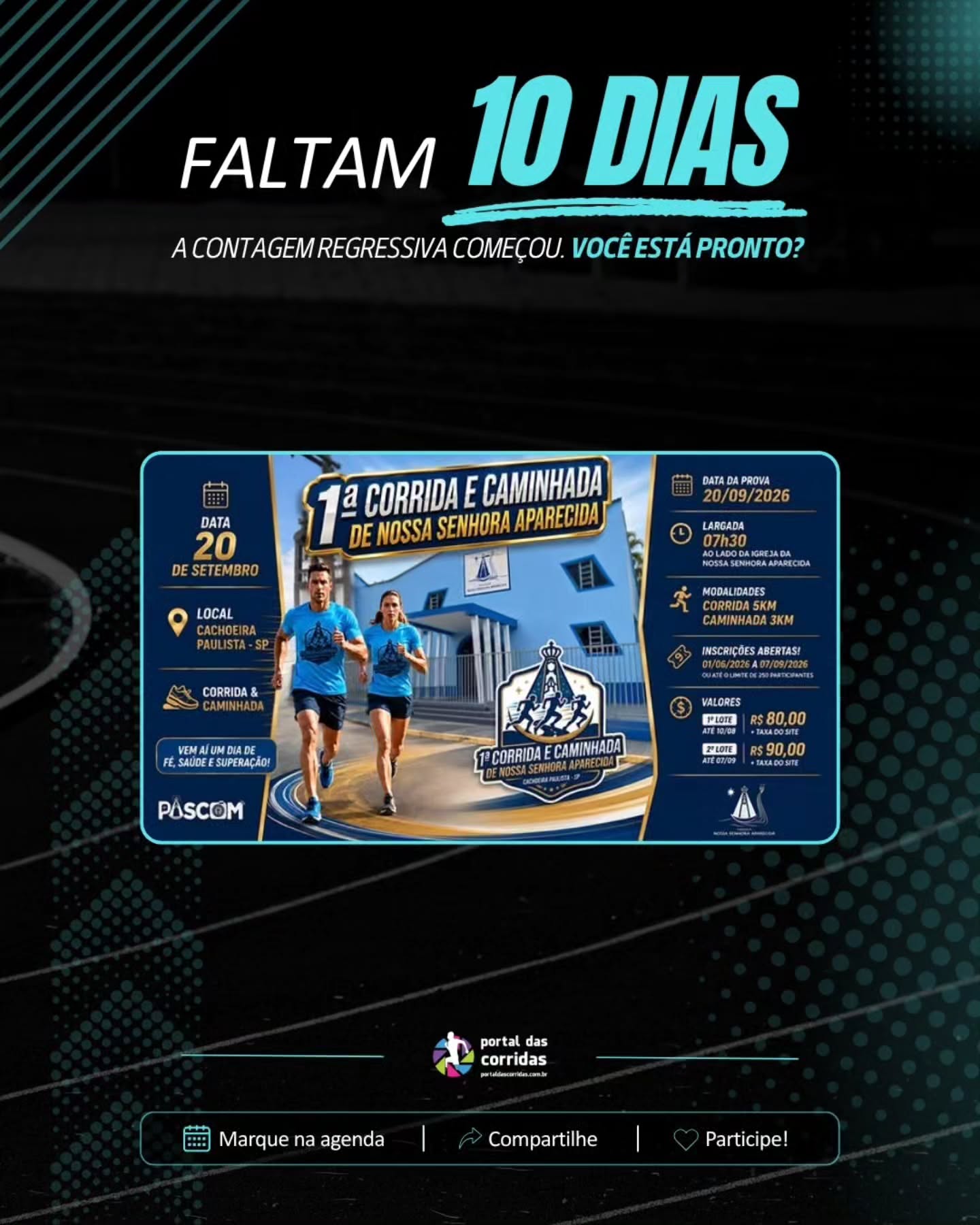Faltam 10 dias! A contagem regressiva entrou na reta final e a emoção de viver essa experiência está cada vez mais perto! 🏃♀️🏃♂️✨
Marque na agenda, compartilhe com quem vai correr ao seu lado e garanta sua inscrição. Prepare o tênis, reúna a sua torcida e venha fazer parte dessa energia até a linha de chegada! 🏅
📲 Inscreva-se agora e participe!
#portaldascorridas #corridaderua #vemcorrer #calendariodecorridas #running