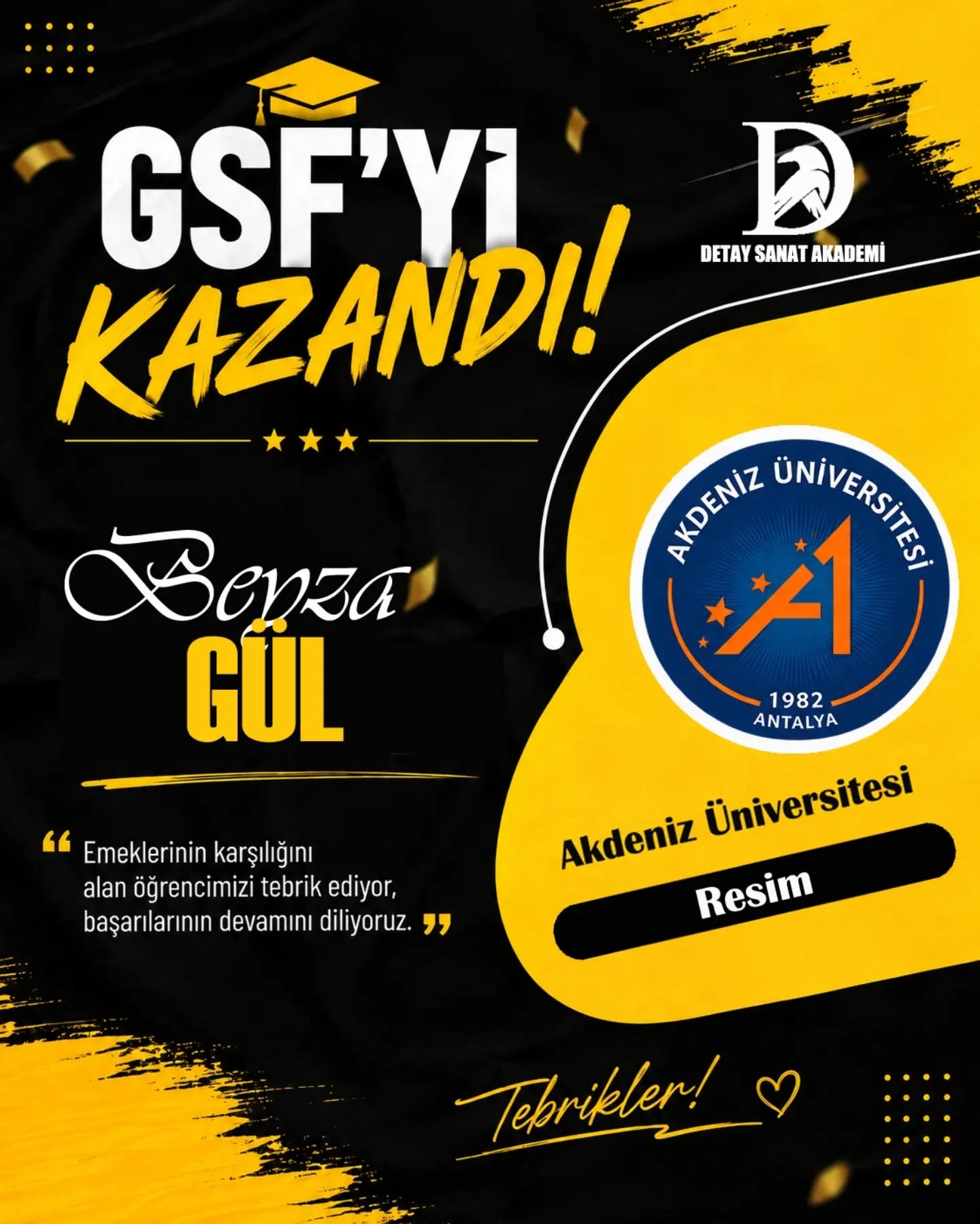 GSF’Yİ KAZANAN ÖĞRENCİLERİMİZLE GURUR DUYUYORUZ! 🎨
Hayallerini yetenekleriyle birleştiren öğrencilerimiz, Güzel Sanatlar Fakülteleri ve sanat alanındaki üniversite bölümlerini kazanarak büyük bir başarıya imza attılar. 🏆
Resim yetenek sınavlarına hazırlık sürecinde; desen, imgesel tasarım, perspektif, anatomi, kompozisyon ve yaratıcı çizim çalışmalarıyla öğrencilerimizin hedeflerine ulaşmalarına katkı sağladık.
Başarılarıyla bizleri gururlandıran tüm öğrencilerimizi gönülden tebrik ediyor, üniversite hayatlarında başarılar diliyoruz. ❤️
🎨 Güzel Sanatlar Fakültesi Hazırlık
✏️ Yetenek Sınavı Hazırlık
🖌️ Resim Bölümü
🎓 GSF Hazırlık Kursu
📍 Antalya Muratpaşa
Sıra sizin hayallerinizde! ✨