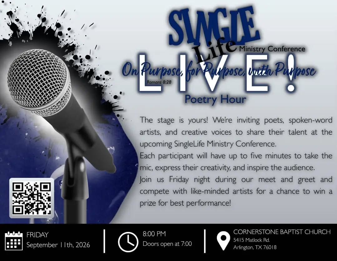 What up Good People!! Tomorrow Night!!!
ALL MY SINGLES!!!
This Friday, September 11, there is a spoken word competition from 8 to 9 at cornerstone Baptist Church hosted by Mike Guinn. $20 tickets get you food , drinks and a great Show featuring Ms Viola Viki Blocker, Cheryl Rentie, GFSoldier, Anthony Williams and my good friend Ms Kendall. plus a few more please consider coming out. Let me know if you’re interested.
Let's Gooooo!!!!
Conference Participants Registration Link: https://forms.gle/CStTVj2VrortGVwE6
Artist/Poets Registration Link: https://forms.gle/A82F76rpKwj2E4AUA
Vendor Registration
Link: https://forms.gle/zk15mmBtRmm3tMjJA
Dissecting The Soul: www.dissectingthesoul.com