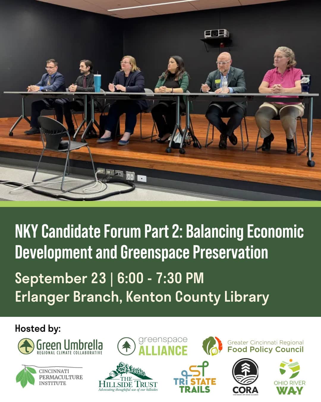 @keepcovingtonbeautiful, in collaboration with Green Umbrella's Greenspace Alliance and partners, would like to invite you to join us for part two of an in-person candidate forum on balancing economic development and greenspace preservation in Northern Kentucky, featuring County Commissioner candidates running for local office in Boone, Kenton, and Campbell counties.
All candidates will be invited to share their positions and plans, and answer questions on the following issues: data centers, eminent domain, connectivity and public transit, agricultural land use, and the role of county commissioners in local appointments. All questions will be curated by partners and the public prior to the event.
The forum will take place on Wednesday, September 23rd from 6-7:30 pm in the Anne Room of the Erlanger Branch of the Kenton County Library. RSVP at the link in our bio to reserve your spot!