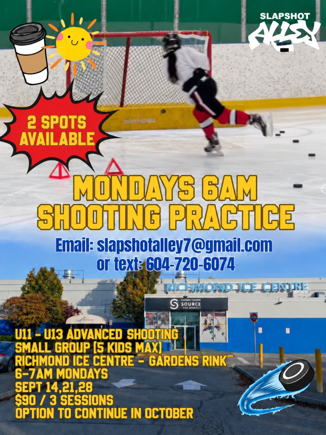 🏒 Monday morning shooting practice has a couple of spots opening up starting this Monday! 🥅🔥
U11–U13 advanced shooters — we have 2 spots available for our small-group sessions at Richmond Ice Centre – Gardens Rink.
⏰ Mondays 6–7AM
📅 Sept 14, 21 & 28
💰 $90 / 3 sessions
👥 Maximum 5 players
🎯 Shooting technique demos by coach Andre, accuracy games and lots of reps
Start the week ripping pucks! 🚨🏒💥
📧 slapshotalley7@gmail.com
📱 604-720-6074
#SlapshotAlley #HockeyTraining #HockeySkills #ShootingPractice #RichmondHockey #YouthHockey #HockeyLife 🏒🥅🔥