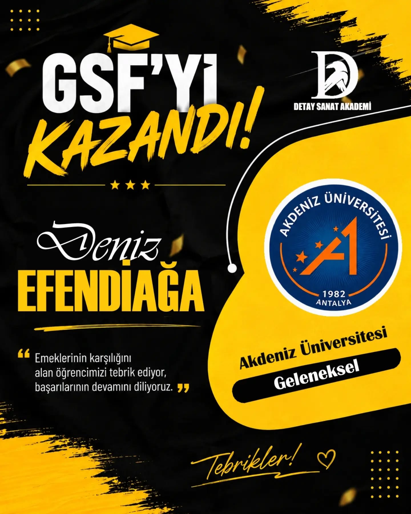 GSF’Yİ KAZANAN ÖĞRENCİLERİMİZLE GURUR DUYUYORUZ!
Hayallerini yetenekleriyle birleştiren öğrencilerimiz, Güzel Sanatlar Fakülteleri ve sanat alanındaki üniversite bölümlerini kazanarak büyük bir başarıya imza attılar. 🏆
Resim yetenek sınavlarına hazırlık sürecinde; desen, imgesel tasarım, perspektif, anatomi, kompozisyon ve yaratıcı çizim çalışmalarıyla öğrencilerimizin hedeflerine ulaşmalarına katkı sağladık.
Başarılarıyla bizleri gururlandıran tüm öğrencilerimizi gönülden tebrik ediyor, üniversite hayatlarında başarılar diliyoruz. ❤️
🎨 Güzel Sanatlar Fakültesi Hazırlık
✏️ Yetenek Sınavı Hazırlık
🖌️ Resim Bölümü
🎓 GSF Hazırlık Kursu
📍 Antalya Muratpaşa
Sıra sizin hayallerinizde! ✨