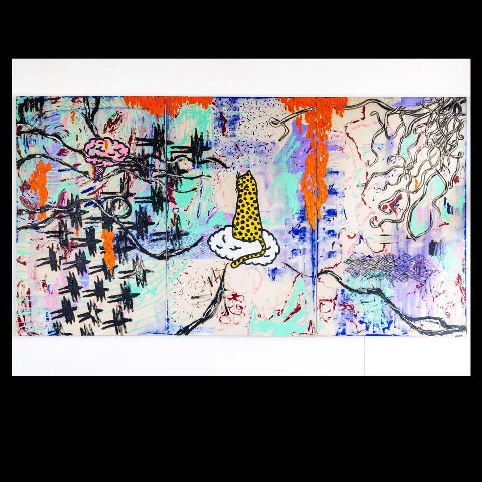 The Murmur by Laurie Vincent @thelaurievincent is on show at Keep On Truckin for our @bigtruckshow here at @whistleblowergallery, in collaboration with @marshallrecords.
—
This is an excellent example of Vincent’s large original paintings. This ‘triptych’ jumps off the wall of the gallery. The piece is painted in impasto, using oil and acrylic, and contains some of the artist’s iconic imagery, from birds and creeping vines to his cheetah. The work is a strong example of the visual language Vincent has created as an artist.
-
Original oil and acrylic on raw canvas, 230 x 122cm (as a triptych)
-
#art #laurievincent #bigtruck #marshall