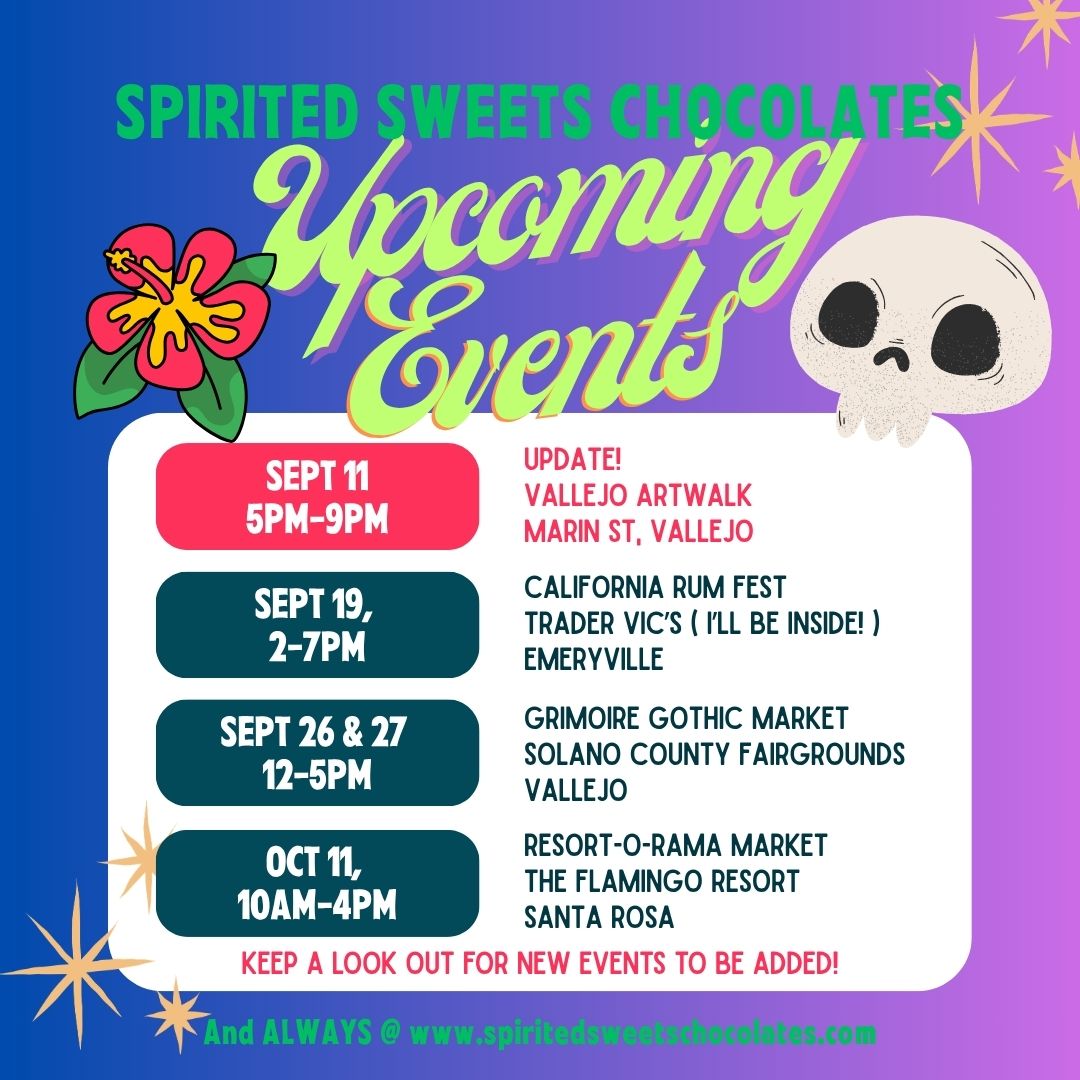 UPDATES! Sadly, due to circumstances beyond my control, I will not be able to be at this weekend's Oddities & Curiosities Expo in Salt Lake City 😢 BUT: I WILL be at
9/11 Friday @vallejoartwalk, and
I'll be joining my friend @retro_diva_alohawear
9/12 Saturday for her #vintage #hawaiana, #collectibles & plant sale in Benicia! 9am-2pm, at 534 E N Street! I'll have FREE chocolate to sample, and a few of my own vintage goodies to sell!
So locals, see you there!
The rest of my Sept/ Early October schedule remains the same - I am all over next month! Come see me and get some #boozychocolate!
9/19 @sf.rumfest "Bay Area Aloha Bazaar," at @tradervicseville! The main market is outside (& no charge to get in!), but as usual, I'll be inside (because...chocolate+heat=no bueno!)
9/26&27 @grimoireacademy I will be at the Gothic Market when it returns to @scfairgrounds in #vallejo!
and peeking into October...
10/3 My Chocolate Haunted Cottage Workshop!! Upstairs at @anchorpantryvallejo! You can get more info & sign up in my @spiritedsweetschocolates bio!
10/11 @tikioasis presents their 2nd #resortorama!! So excited for this to be back! The full event runs 10/8-11, and they are taking over the beautiful historic @theflamingoresort in Santa Rosa! Book your room now, and make it a #staycation to remember!
See ya out there!!