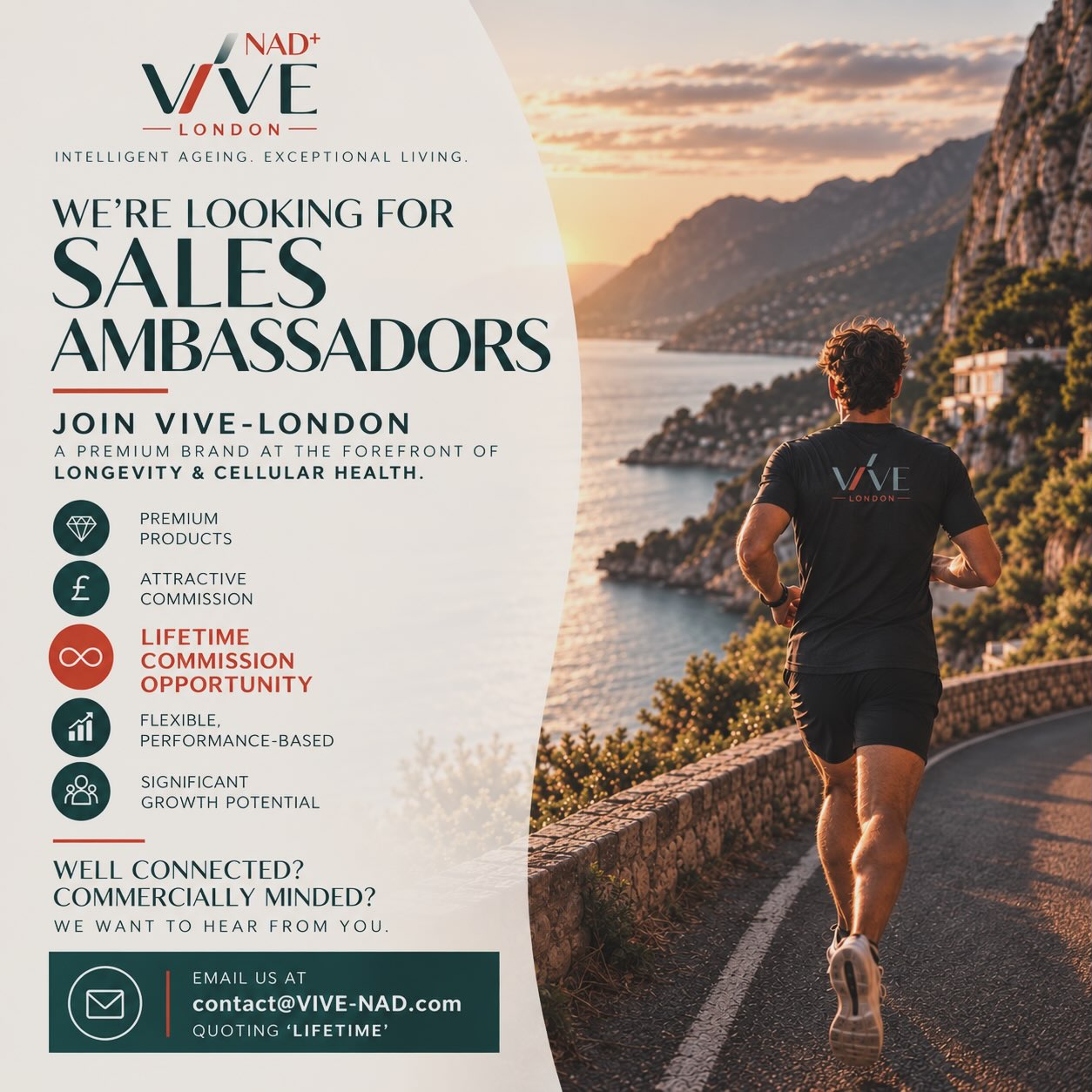 WE’RE LOOKING FOR SALES AMBASSADORS ✨
VIVE-LONDON is growing, and we’re looking for ambitious, well-connected sales reps & ambassadors to join us.
If you have strong connections across longevity, wellness, aesthetics, fitness or healthcare and love premium products, this could be for you.
💫 Premium brand
💫 Attractive commission
💫 Lifetime commission opportunity
💫 Flexible, performance-based role
💫 Huge growth potential
Build your network with VIVE-LONDON and continue earning commission from the relationships and clients you introduce.
Want to work with VIVE-LONDON?
Email us at: contact@VIVE-NAD.com quoting ‘LIFETIME’.
#VIVE #SalesPartner #Longevity #Wellness #Aesthetics Biohacking SalesOpportunity