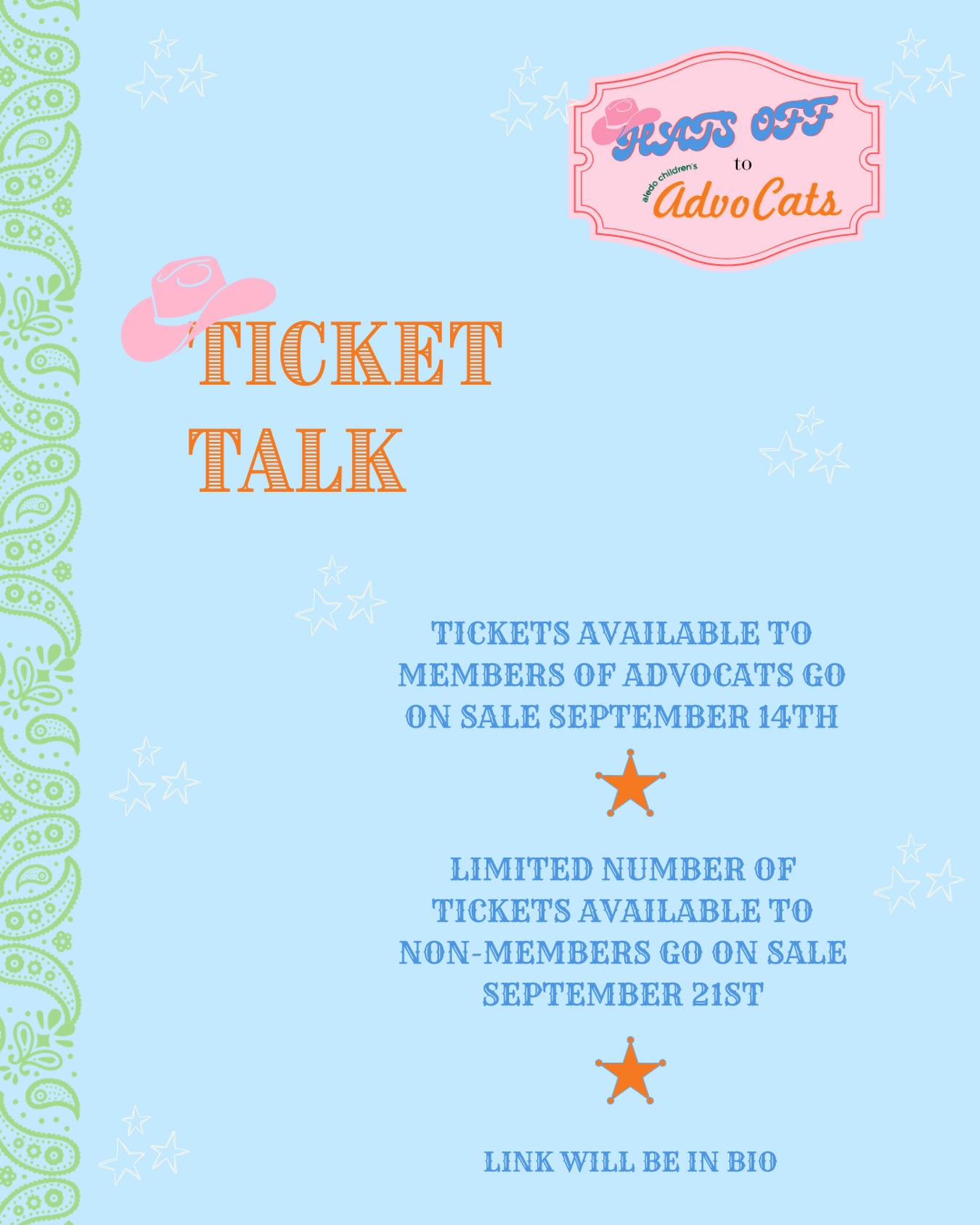 HELP & HOPE LUNCHEON - Ticket Talk🤠
Saddle up for a fresh take on Western style at our annual Help & Hope Luncheon!
We can’t wait for you to join us for a fun morning of bingo, prizes, lunch, and time together—all in support of our mission to raise funds that meet the unmet needs of children in Aledo ISD communities.
Boots and hats are encouraged, but never required! This year, we’re giving Western flair a bright, coastal twist. Leave the brown at home and think turquoise, pops of pink, playful florals, fun boots, and stylish cowgirl hats🩵🩷🤠
Tickets will be available to members Sept 14th and open to the public Sept 21st. Stay tuned🎟️
