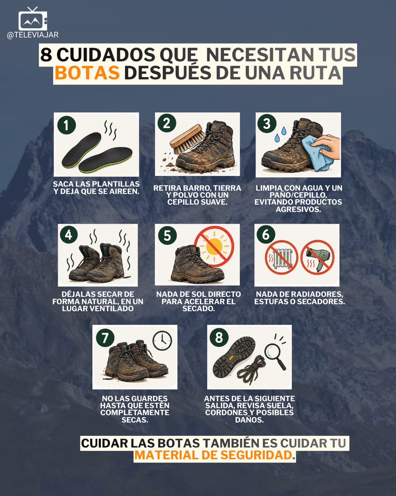 Tus botas pueden durar años… o mucho menos de lo que deberían.
Y muchas veces no es por los kilómetros, sino por lo que hacemos con ellas al llegar a casa.
Barro, humedad, calor directo, guardarlas mojadas… pequeños errores que terminan afectando a los materiales, los adhesivos y la suela.
🥾 ¿Tú qué haces al volver de una ruta?
A) Las limpio siempre
B) Solo si están muy sucias
C) Las dejo secar y listo
D) Confieso: van directas al armario 😂