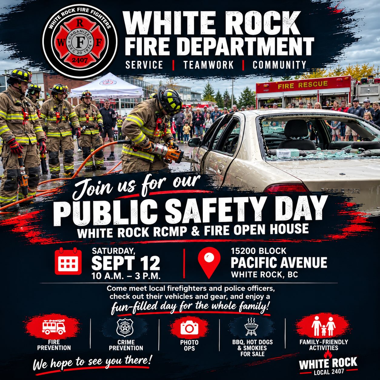 Join the White Rock Fire Department & White Rock RCMP for a fun-filled day of community, safety, and family activities!
📅 Saturday, September 12
⏰ 10 AM – 3 PM
📍 15200 Block of Pacific Avenue, White Rock
Come meet your local firefighters and police officers, check out the trucks, vehicles and gear, and see some of the tools we use to keep our community safe.
🔥 Fire Prevention
🚓 Crime Prevention
📸 Photo Ops
👨👩👧👦 Family-Friendly Activities
🚒 Live demonstrations & more!
Bring the whole family and come say hello! We’d love to see you there! ❤️🖤
#WhiteRockFire #WhiteRockFireDepartment #Local2407 #WhiteRockBC #PublicSafetyDay Firefighters RCMP Community FirePrevention FamilyDay WhiteRockEvents
