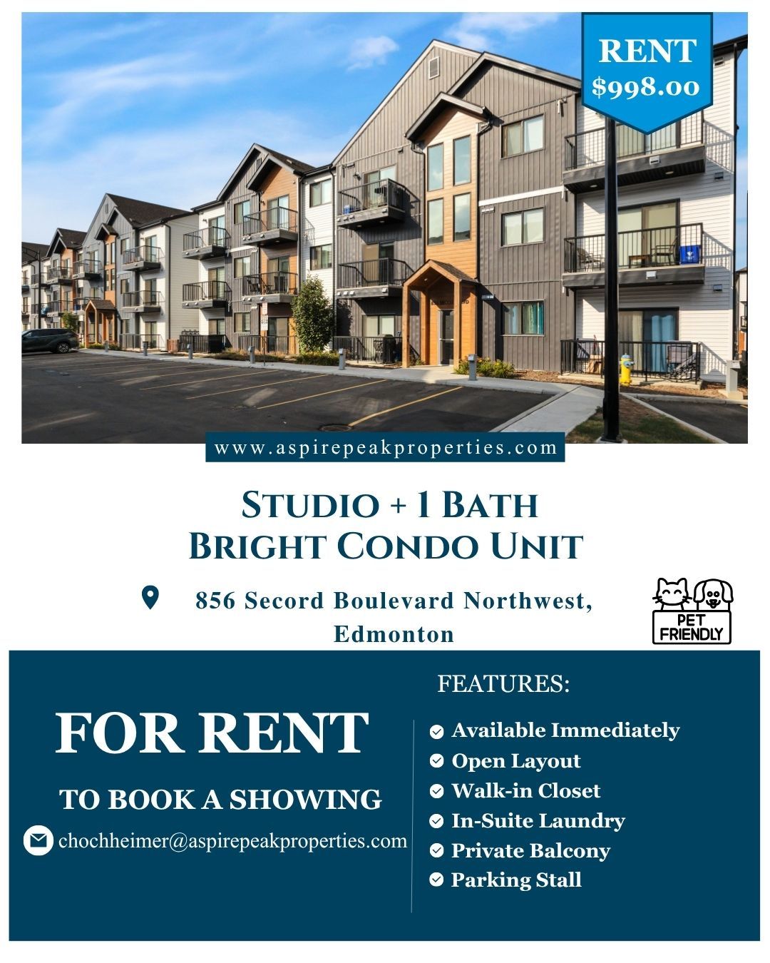 ✨ FOR RENT: STUDIO + 1 BATH BRIGHT CONDO IN SECORD, EDMONTON!
Love where you live at 856 Secord Boulevard NW! This 2nd floor studio delivers modern comfort without the fuss:
🛋️ Open layout with sunlight pouring in
🪵 Sleek vinyl plank floors throughout
🍳 Stainless steel appliances + dishwasher + microwave
🧺 In-suite laundry
🌿 Private balcony
🅿️ 1 outdoor parking stall included
Pet friendly — 1 pet max, cats & dogs! 🐾
🚭 No smoking or cannabis — ever
🎥 Virtual tour available!
📍 Steps to parks and trails, minutes to Secord Crossing, Lewis Farms Transit Centre, and a quick hop onto Anthony Henday or Hwy 16A.
📅 Available immediately
💰 Rent: $998/month
📝 Online application + credit check required
Book your showing today:
📧 chochheimer@aspirepeakproperties.com
📞 (587) 997-1257
🌐 aspirepeakproperties.com
AspirePeak Properties loves helping you find home 💙
#EdmontonRentals #SecordEdmonton #YEGRentals #AspirePeakProperties #PetFriendlyRentals