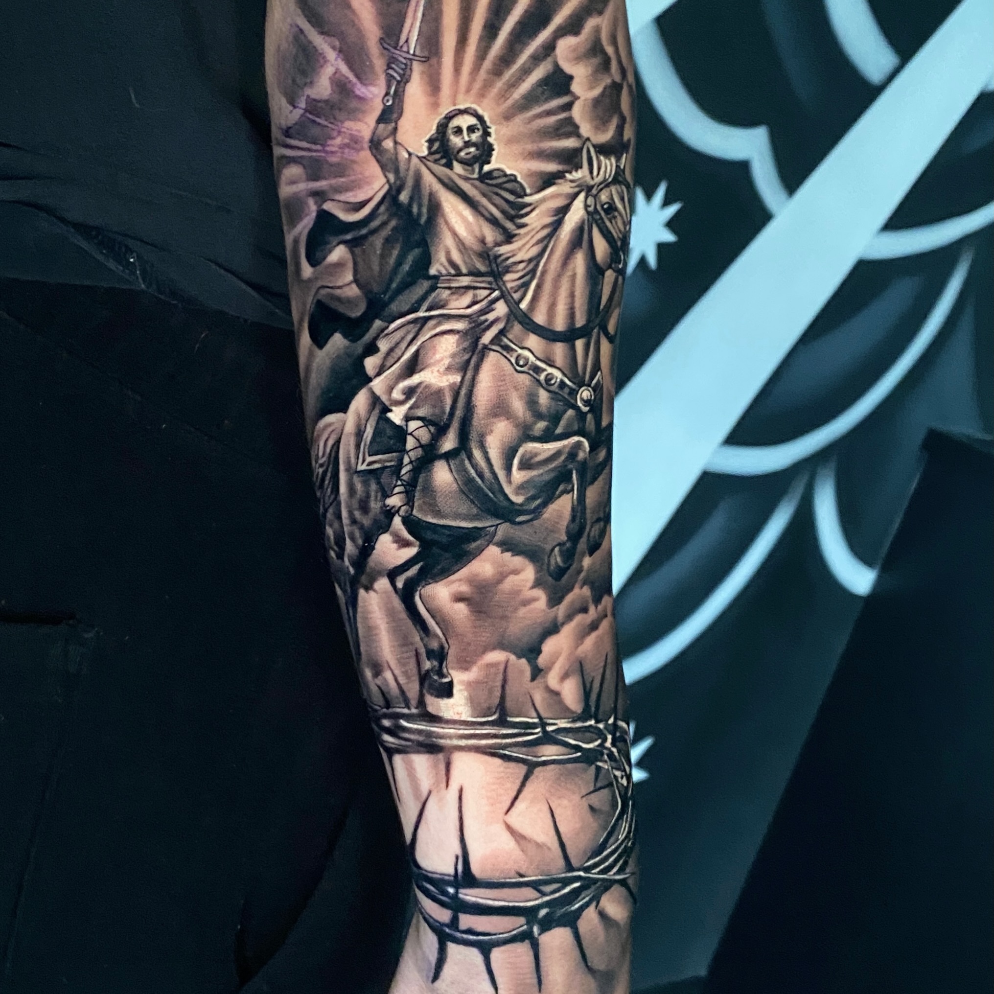 Sleeve continued for @topgoober ! Had a lot of fun with this light and airy piece.
.
.
Follow @scottie.tattooer
And @fortunesfavourtattoo
.
.
#michaelthearchangel #horseman #biblical #celestialvibes #hediedforus