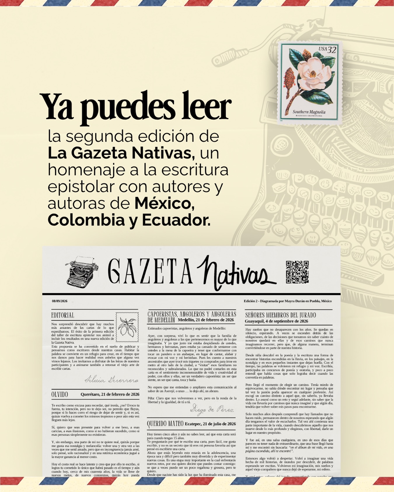 ¿Sabías que nuestros talleres de escritura de cartas, derivan en la publicación de La Gazeta Nativas?
Conoce la pluma de autores y autoras que desde Colombia, México y Ecuador se han sumado a este proyecto editorial. Lee la versión digital en nuestro LINK EN BIO.