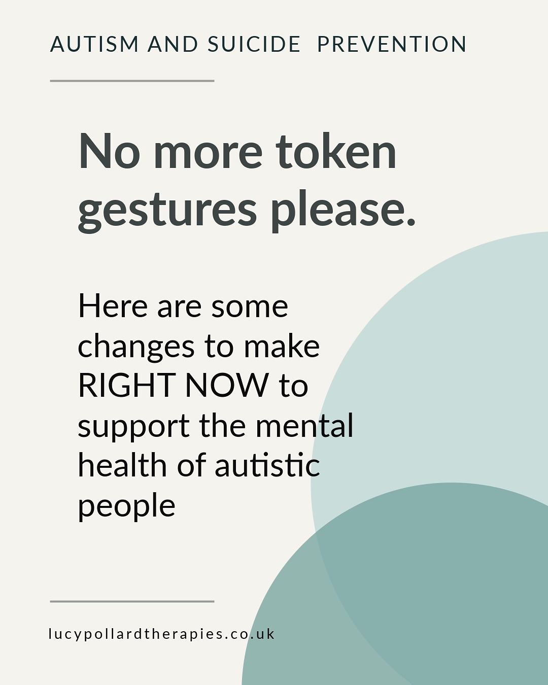 This World Suicide Prevention Day, why not commit to making a change to support autistic mental health? This means:
🩶Calling out ableism
🩶Respect stimming
🩶Don’t force eye contact
🩶Listen to what autistic people are telling you
🩶Commit to intersectionality
🩶Educate others
What would you add to the list?
Lucy Pollard Therapies