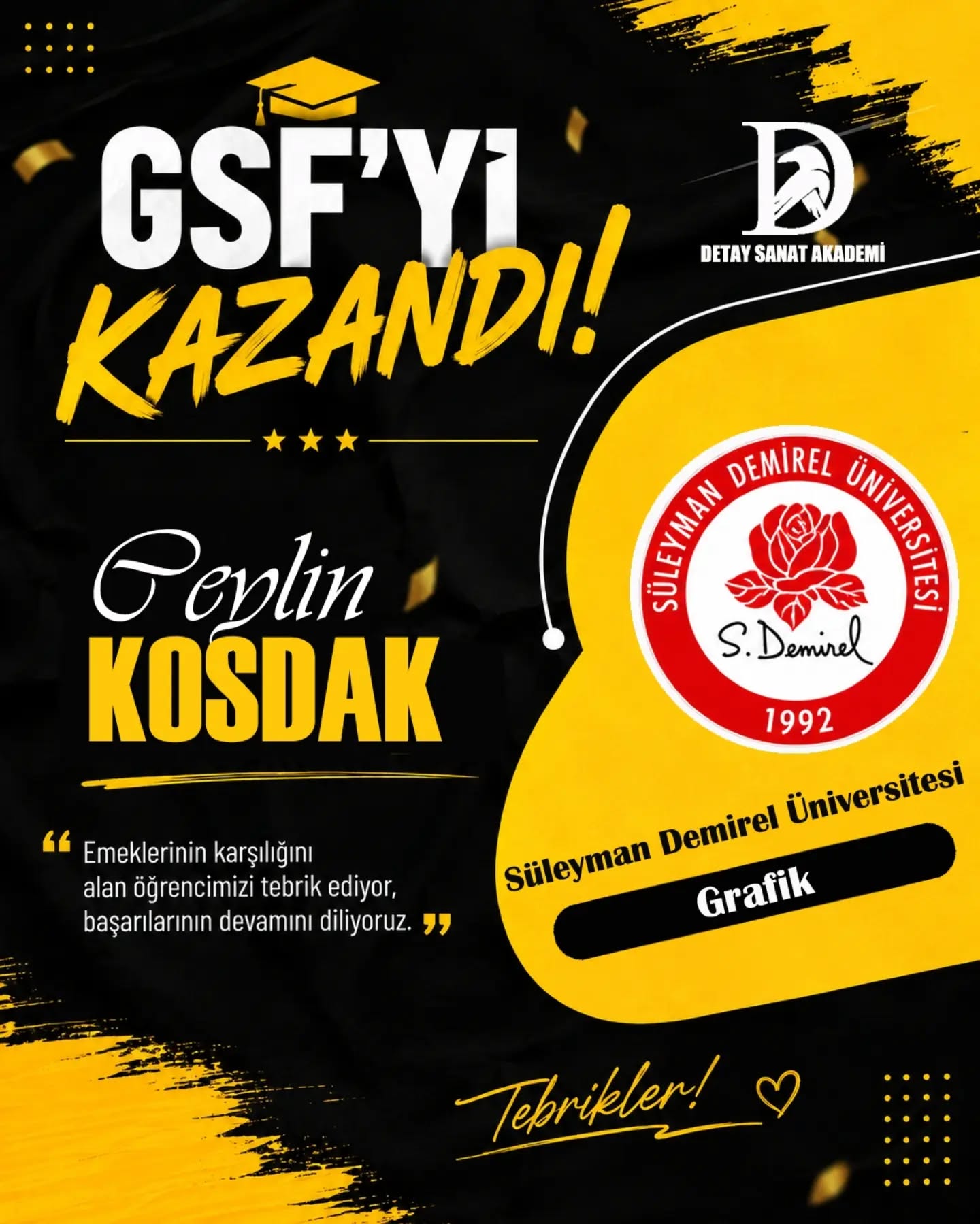 GSF’Yİ KAZANAN ÖĞRENCİLERİMİZLE GURUR DUYUYORUZ! 🎨
Hayallerini yetenekleriyle birleştiren öğrencilerimiz, Güzel Sanatlar Fakülteleri ve sanat alanındaki üniversite bölümlerini kazanarak büyük bir başarıya imza attılar. 🏆
Resim yetenek sınavlarına hazırlık sürecinde; desen, imgesel tasarım, perspektif, anatomi, kompozisyon ve yaratıcı çizim çalışmalarıyla öğrencilerimizin hedeflerine ulaşmalarına katkı sağladık.
Başarılarıyla bizleri gururlandıran tüm öğrencilerimizi gönülden tebrik ediyor, üniversite hayatlarında başarılar diliyoruz. ❤️
🎨 Güzel Sanatlar Fakültesi Hazırlık
✏️ Yetenek Sınavı Hazırlık
🖌️ Resim Bölümü
🎓 GSF Hazırlık Kursu
📍 Antalya Muratpaşa
Sıra sizin hayallerinizde! ✨