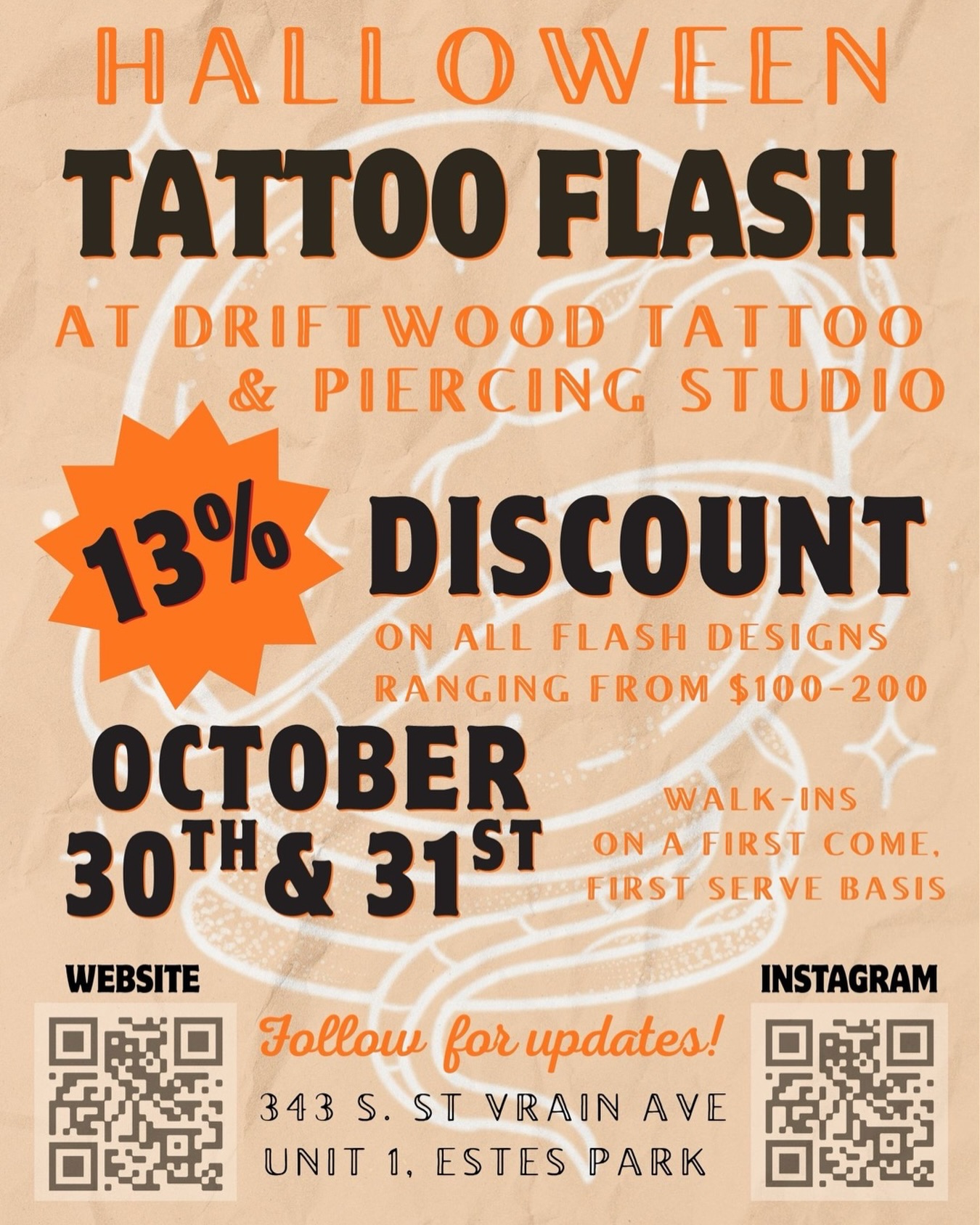 Our next flash event is coming up HALLOWEEN WEEKEND!
On Friday and Saturday Halloween weekend we will be hosting a flash event from 11am to 6pm with Halloween themed flash designs created by @macofer.tattoos @ellaskyetattoos and @yokai_collective_ , plus our rotating shop flash!
Flash designs will be released 1-2 weeks before the event and will range from $100-200 with a 13% discount!
FOLLOW FOR UPDATES!
#halloweenflashtattoo #discounttattoos #estespark #estesparktattooshop #tattooshopflash