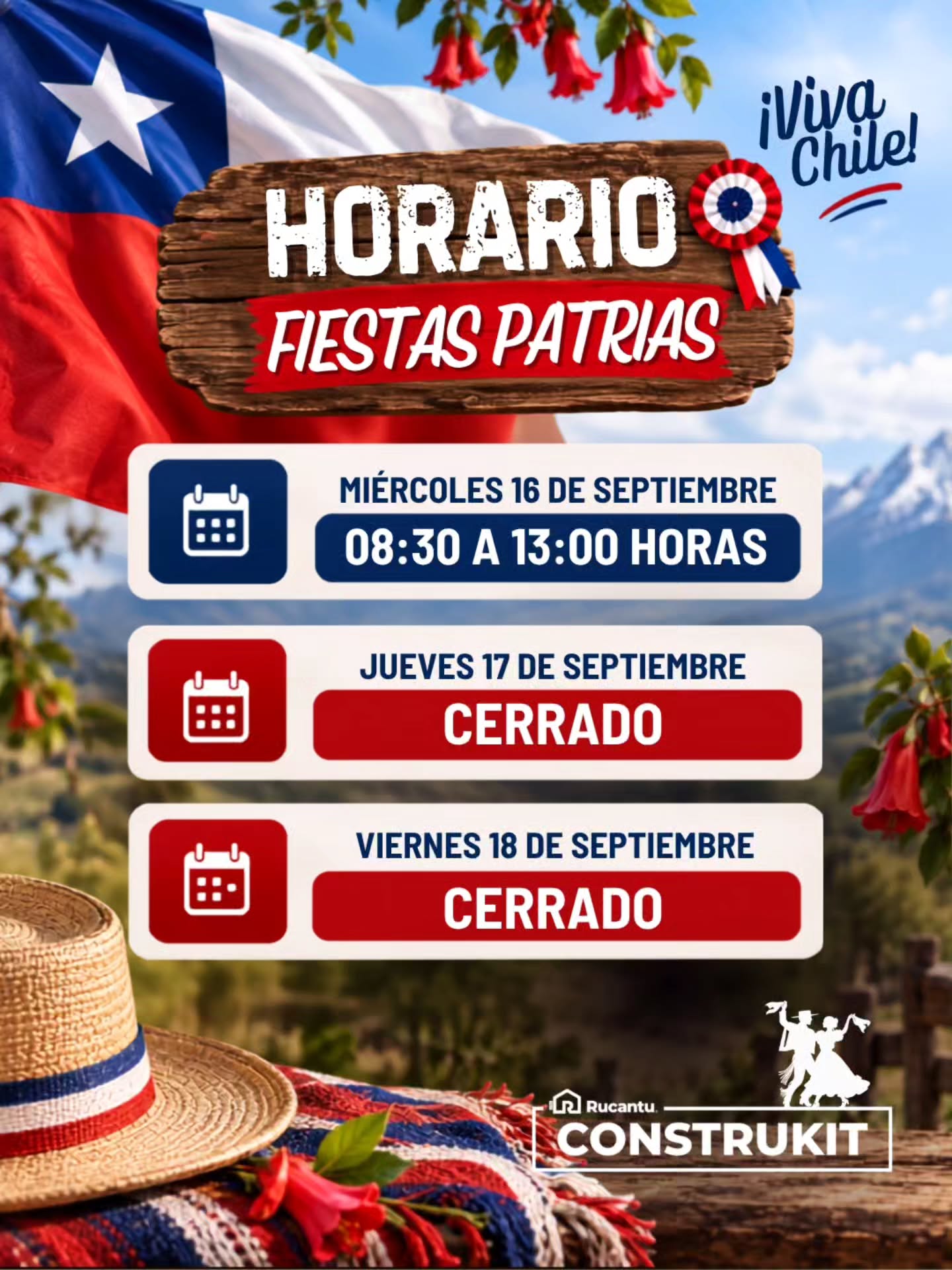 🇨🇱 ¡En CONSTRUKIT nos preparamos para celebrar nuestras Fiestas Patrias! 🇨🇱
Queremos informar a nuestros clientes y comunidad sobre nuestro horario especial de atención durante estas celebraciones.
📅 Miércoles 16 de septiembre
🕐 Atención de 08:30 a 13:00 horas
🇨🇱 Jueves 17 de septiembre
🔒 CERRADO
🇨🇱 Viernes 18 de septiembre
🔒 CERRADO
❤️🤍💙 ¡Les deseamos unas felices Fiestas Patrias junto a sus familias y seres queridos!
¡Viva Chile! 🇨🇱