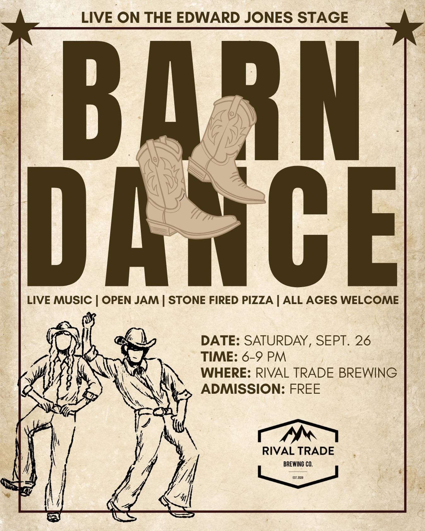 Dust off those boots again ‘cause a barn dance is going down at Rival Trade!
We’re throwing another Boot Scootin’ Barn Dance — live on the Edward Jones Stage.
Last time we had a full house and it was an absolute blast, so let’s do it again!
Here’s what’s happening:
Live music by Patrick Danis (guitar and vocals), Tom Netzel (drums), Frank Windsor (guitar), and Dan Shaw (bass) to kick things off.
Country music from many eras, with a focus on songs you can dance to 💃
Open jam session after — call 403-322-9718 to sign up or just show up ready to play (bring your own instruments).
John Dough Pizza on site @johndoughssfp
All ages welcome
Two-stepping encouraged!! 🤠
Saturday, September 26th | 6–9 PM
Free event!
It’s country, it’s community, and it’s toe-tappin’ fun all night long. Dress country, grab a partner, and two-step the night away!