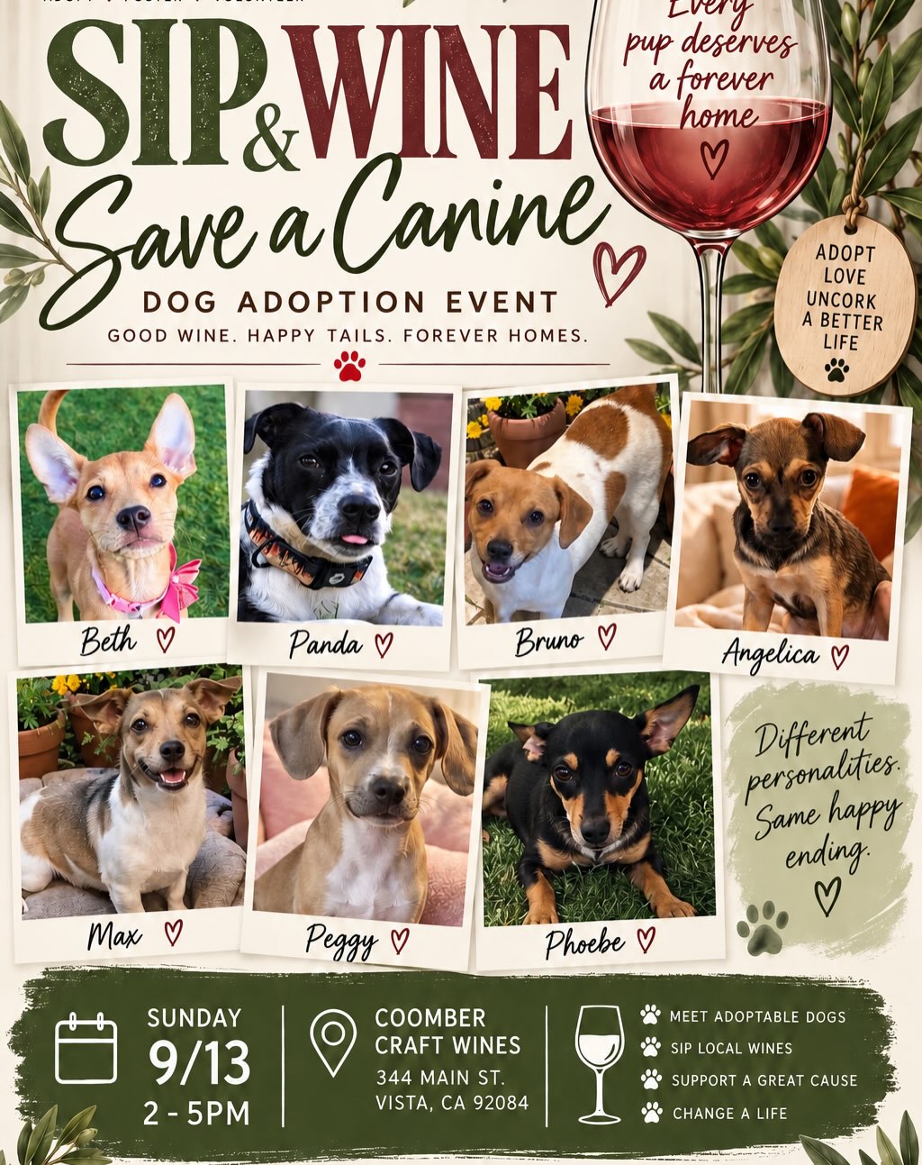 This Sunday, September 13th from 2-5pm we'll have the cutest pups in need of forever homes.
Come by our ADOPTION EVENT at @coombercraftwinesoceanside in VISTA! Have a glass of wine while cuddling these adorable fur babies. πΎ
#adoptdontshop #rescuepups #coomberwine #fyp #almarescue