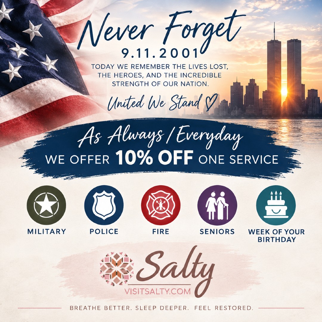 Never Forget. September 11, 2001.
Today, we remember the lives lost, the heroes who stepped forward, and the incredible strength and unity of our nation.
At Salty, we are proud to offer 10% off one service, every day, to our military, police, firefighters, seniors, and during the week of your birthday.
Today and always, we are grateful for those who serve, protect, and make our communities stronger.
United we stand.
