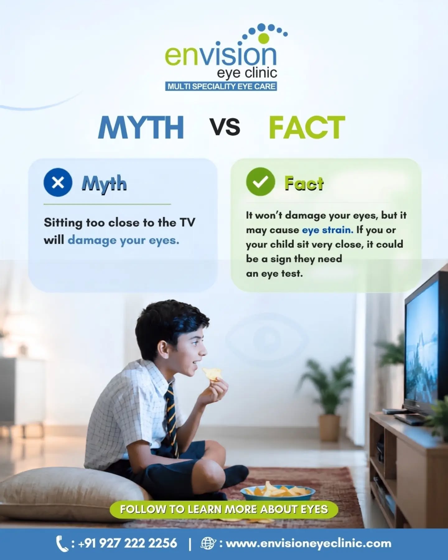 ๐บ Myth vs Fact: Does sitting too close to the TV damage your eyes?
Sitting close to the TV doesnโt permanently damage your eyes, but it can cause eye strain. If you or your child regularly sits very close to the screen, it may be worth getting an eye test.
(TV and eye health, eye strain, childrenโs eye health, screen time, vision check-up)
๐ 2nd Floor, Shivraj Apartments, Near Parihar Chowk, Aundh, Pune, Maharashtra 411067
#EyeHealth #EyeStrain #ChildEyeCare #VisionCare #EnvisionEyeClinic