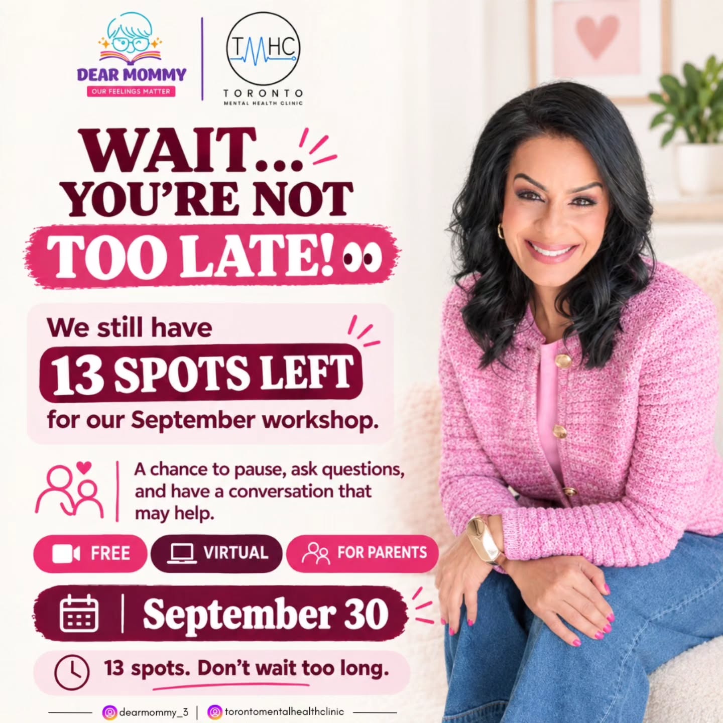 If you’ve been thinking about joining us, this might be your sign. 💛
We still have 13 spots left for our FREE ADHD Parent Workshop on September 30.
I’m looking forward to spending this time with you alongside Elena Darmos from Toronto Mental Health Clinic (TMH) — hearing your questions, listening to your experiences, and having the kind of conversations that parents don’t always get the chance to have.
It’s completely virtual, so you can join us from wherever you are.
Elena and I would love to see you there. ❤️
📅 September 30
💻 Free • Virtual • For Parents
Register now through the link in our bio.
— Dr. Robin Baweja
#freeworkshop #adhdsupport #adhd #dearmommy_3 #mentalhealthsupport