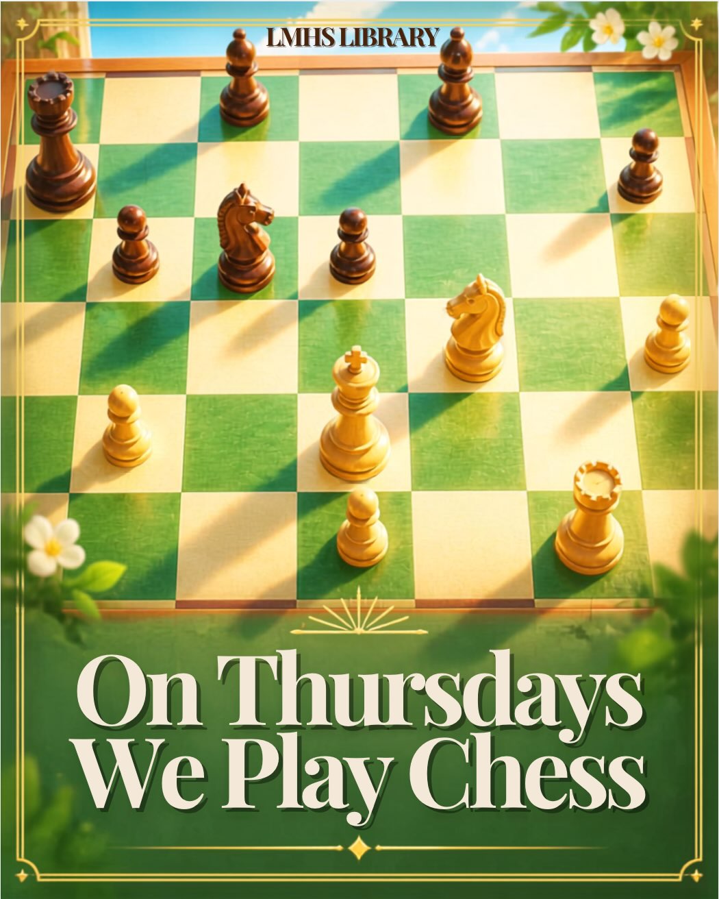 Chess will be set up every Thursday - come at lunch to challenge friends and find new opponents on our boards! (Chess boards available for use every day in the library!)