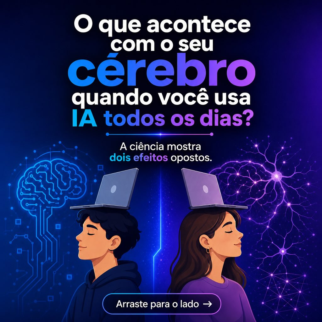 O que acontece com o seu cérebro quando você usa IA todos os dias?
A ciência mostra dois efeitos opostos — e a mesma coisa que pode te ajudar também pode te prender.
O lado positivo: a IA pode reduzir a ansiedade e a solidão, oferecendo apoio social e acessível na palma da mão.
️ O lado de risco:o uso intenso e dependente pode aumentar a solidão e criar dependência emocional — como apontam estudos do MIT e da OpenAI.
O segredo não é evitar a IA. É usá-la com **equilíbrio e consciência**:
1. Use como ferramenta, não como substituto do seu pensamento.
2. Pense primeiro, depois consulte a IA.
3. Verifique as respostas e mantenha-se ativo no processo.
Evite o “débito cognitivo”. Tecnologia com equilíbrio para um cérebro mais forte amanhã.
**Salve este post** para lembrar de usar a IA com consciência!
—
Cezar Oliveira
Cérebro e coluna regenerativa
Bioquest Clinic
—
**Hashtags:** #SaúdeMental #CérebroSaudável #InteligênciaArtificial #TecnologiaComEquilíbrio #BioquestClinic Neurociência BemEstarDigital