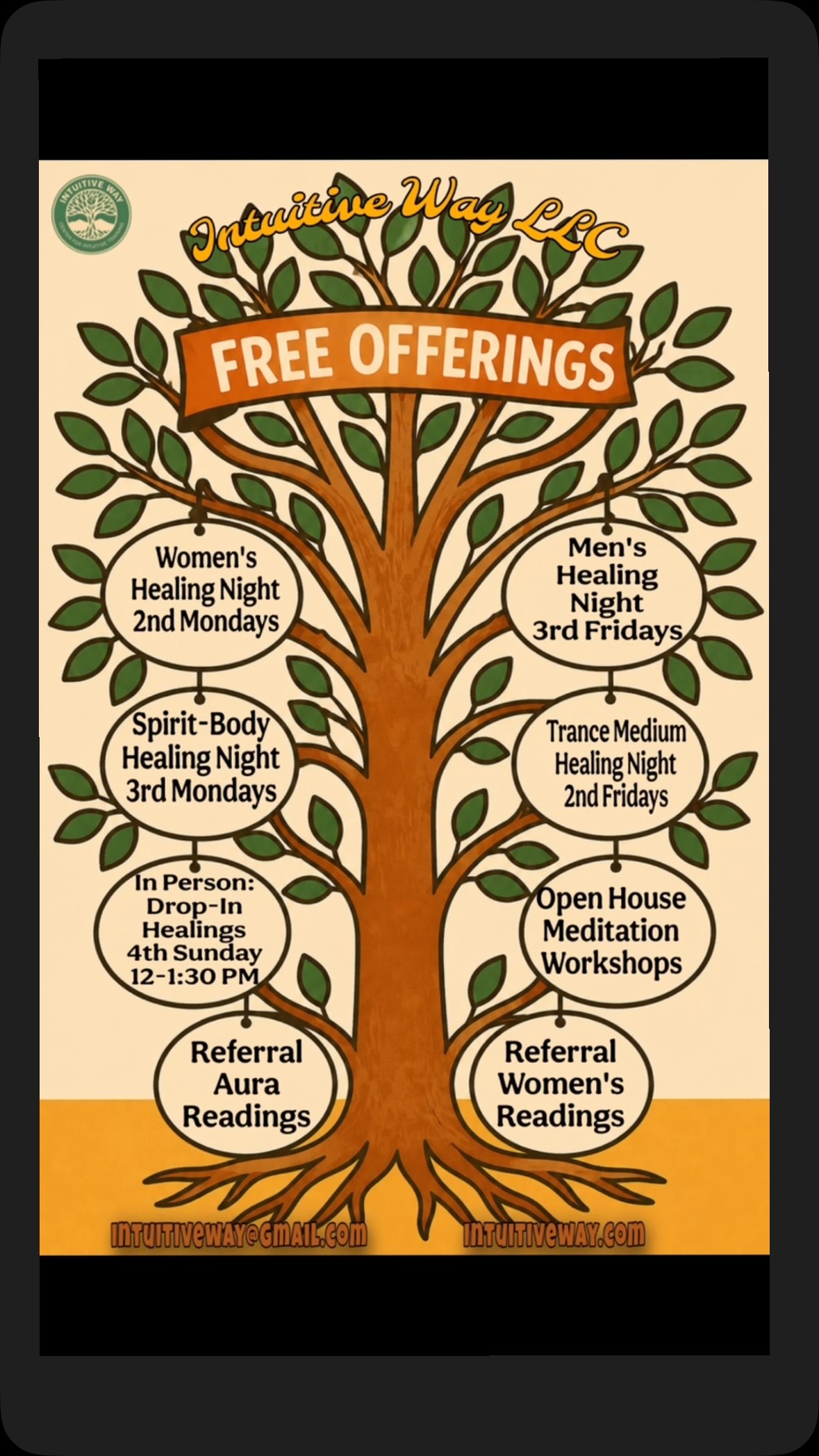 September at Intuitive Way 🌿
Join us for our free healing offerings this month:
✨ Sept 11 — Trance Medium Healing Night
✨ Sept 14 — Women’s Healing Night
✨ Sept 18 — Men’s Healing Night
✨ Sept 21 — Spirit-Body Healing Night
✨ Sept 27 — In-Person Drop-In Healings, 12–1:30 PM
We also offer Open House Meditation Workshops and referral Aura & Women’s Readings.
All offerings are free. Come as you are and experience a space for healing, connection, and reflection. 🤍
Learn more at IntuitiveWay.com
#IntuitiveWay #HealingCommunity #FreeHealing #SpiritualHealing #Meditation