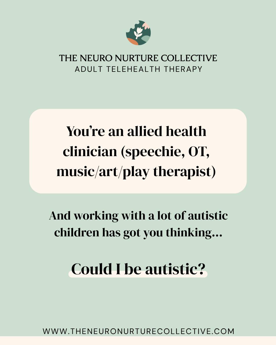 You started off working in a paediatric clinic. Of course, there are a lot of referrals for autistic children coming through, and they become a large portion of your caseload.
Then all of a sudden, you're the go-to for understanding what's going on when these clients are finding it hard to communicate their needs. You seem to somehow just ‘get it’.
Actually, you find that some of these children's experiences… you can deeply relate to.
You start learning more about highly masking or internalised presentations of autism. You do an online screener (like the camouflaging autistic traits questionnaire) and find you score quite highly. You're getting closer to wondering if it could be worthwhile exploring this idea of autism for yourself.
If you do want to explore if autism is in the picture for you, we provide assessments for adults Australia-wide via Telehealth and would love to help you out. We might be biased because we do autism assessments; but it means we've seen how impactful it is for people to truly understand their neurotype and how it affects their world, and we wish this knowledge and compassionate lens upon every autistic person. 🙏
Knowing with certainty whether you are autistic means that you can examine your day-to-day life - both strengths and challenges - through this lens.
Please feel free to check out our website for more information about how we work (www.theneuronurturecollective.com) or get in touch with our lovely admin team with any questions admin@theneuronurturecollective.com 👩💻
