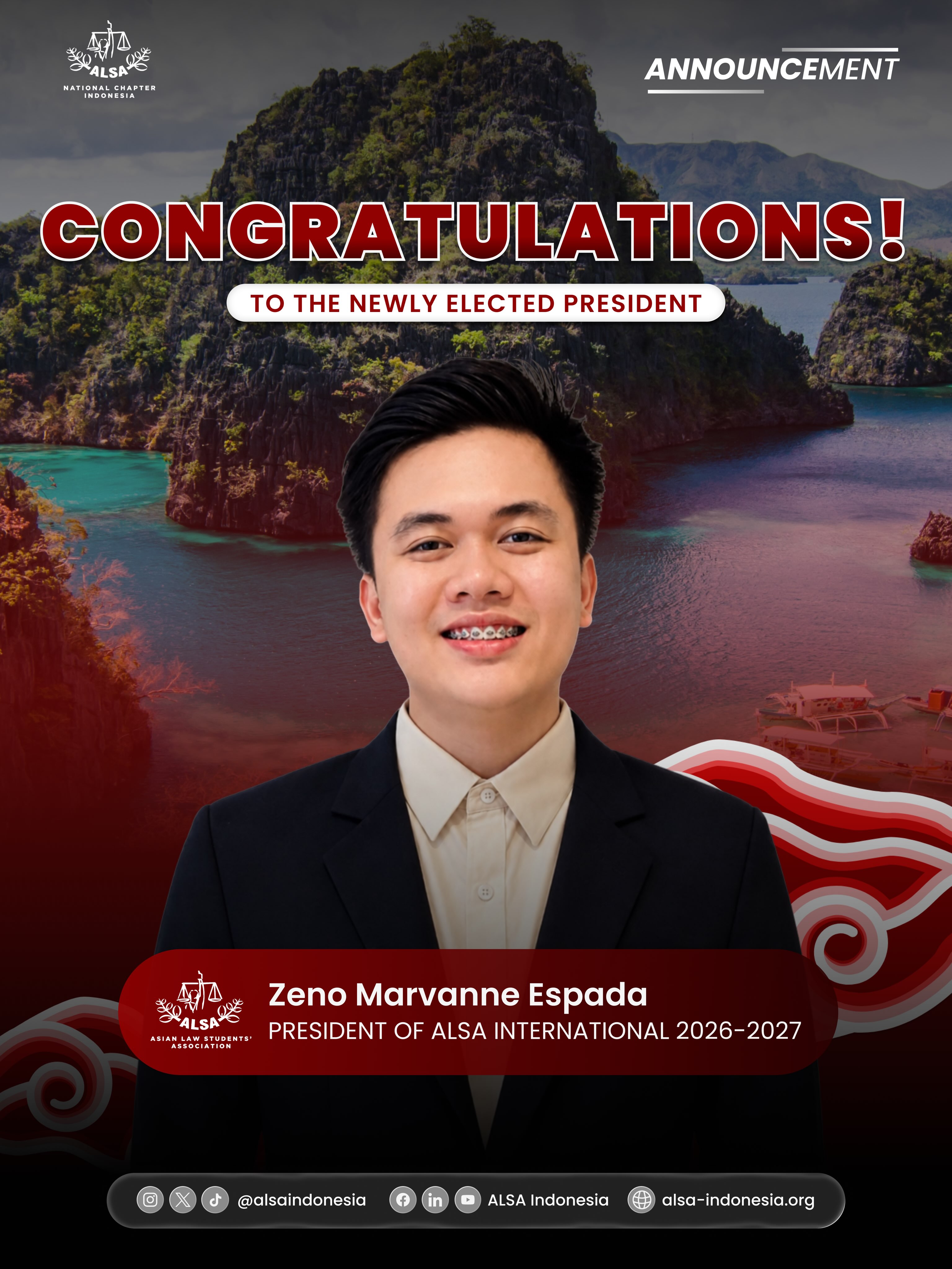 Warm greetings, ALSAians!
Congratulations to Zeno Marvanne Espada on being elected as the new President of ALSA International 2026/2027!
Wishing you a meaningful and successful tenure ahead. May your leadership bring new ideas, stronger connections, and greater achievements for ALSA.
Once again, congratulations, Zeno!
ALSA, Always Be One!