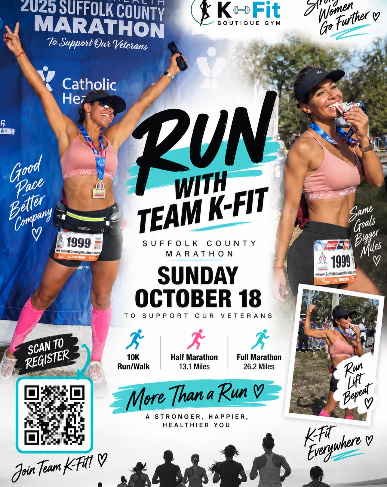 🏃♀️🩵 K-FIT IS TAKING ON RACE DAY TOGETHER!
On Sunday, October 18, we’re hitting the starting line for the Suffolk County Marathon weekend — and we want YOU running with us! 💪
Choose your challenge:
🏃♀️ 10K Run/Walk
🔥 Half Marathon — 13.1 miles
🏆 Full Marathon — 26.2 miles
You don’t have to be the fastest. You don’t have to be an experienced runner. You just have to be willing to show up and go for it.
Train together. Run together. Finish together. 🩵
👟 Want to join Team K-Fit?
Registration is at the LINK IN BIO! 🔗
Tag the K-Fit lady you’re convincing to run with you. 👀👇
Same goals. Bigger miles. Stronger together. 🩵