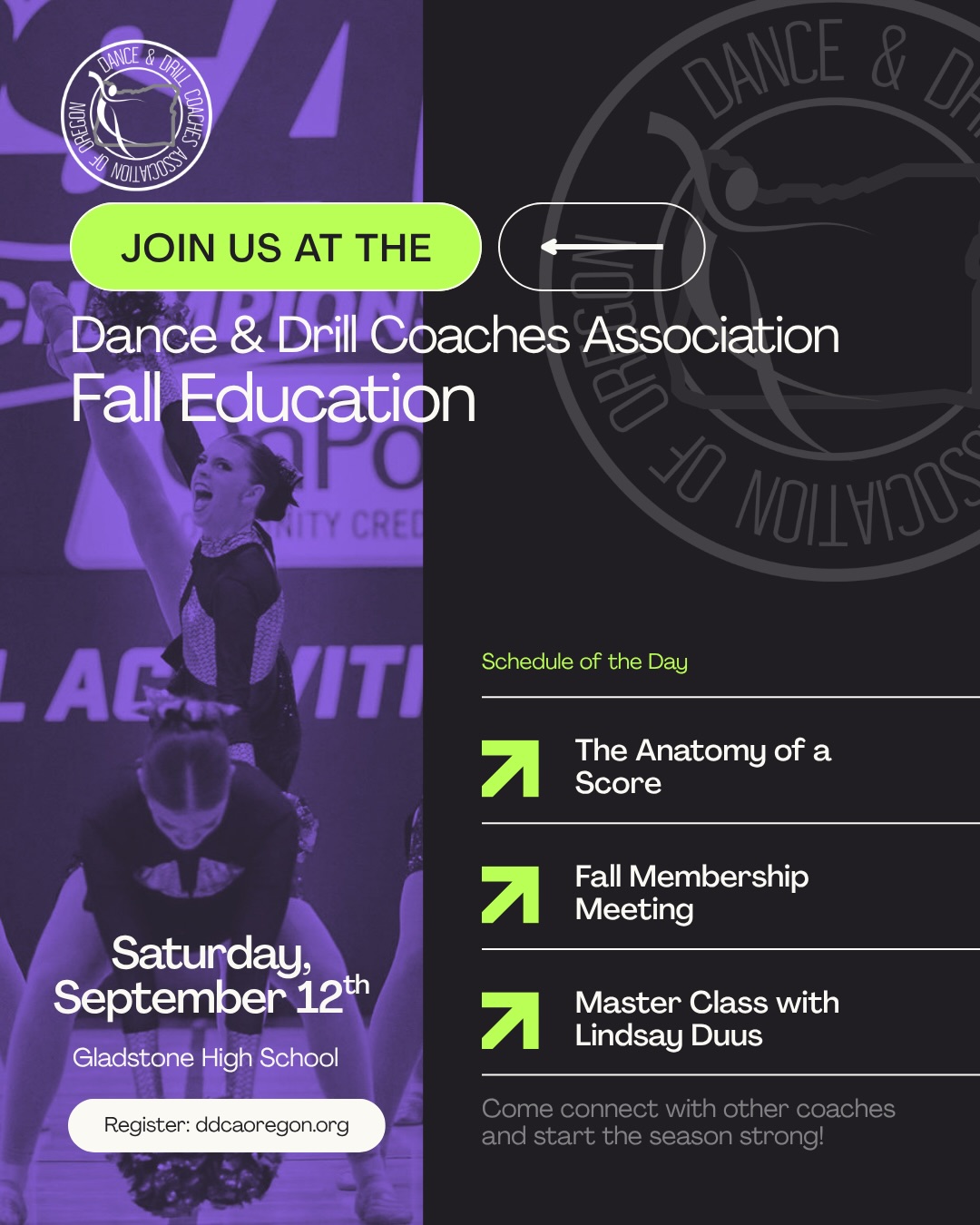 Join us TOMORROW for Coaches Fall Education! There are some great opportunities this Saturday and we hope you’ll come join us! Sign up on our website for the Coaches Class and Master Class. Link in our bio & stories!
📍 Gladstone High School
🕘 Coaches Education
🕙 Spring Membership Meeting
🕜 Master Class with Lindsay Duus
#falleducation #2627season #coaches #masterclass #DDCA
Join us for Fall Coaches Education tomorrow at 9 AM before the Fall Membership Meeting.
Sit down with JALT Member, BriAnne, to break down the two C’s of Content, Choreography and Complexity!
Register now! 🔗 Link in bio
Join us for our Fall Membership Meeting!m tomorrow at 10am!
Everyone is encouraged to come, but you need to be a paid member to vote tomorrow, so double check your registration status.
Join us for our Fall Master Class with Lindsay Duus! 1:30pm after our Membership meeting!
We hope you’ll dance with her tomorrow.
Register now at our website! Link in bio 🔗