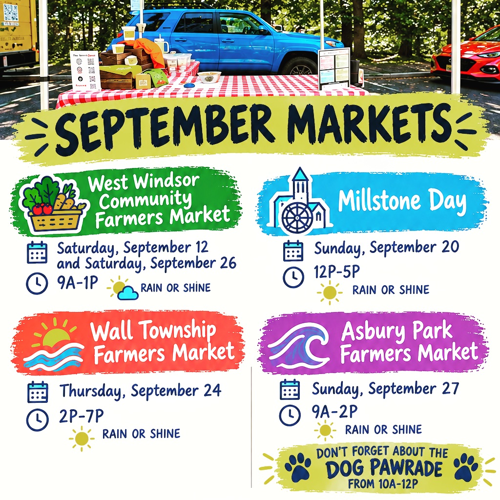 🐾 SEPTEMBER IS LOOKING PAW-SOME! 🐾
We’re hitting the road this month with fresh, nutritious, small-batch goodness for your favorite four-legged family members! 🐶❤️
Come find The Jersey PAWZ™ at these September markets:
🌽 West Windsor Community Farmers Market
📅 Saturday, September 12 & Saturday, September 26
⏰ 9A–1P — RAIN OR SHINE
🎉 Millstone Day
📅 Sunday, September 20
⏰ 12P–5P
🌊 Wall Township Farmers Market
📅 Thursday, September 24
⏰ 2P–7P — RAIN OR SHINE
🐾 Asbury Park Farmers Market
📅 Sunday, September 27
⏰ 9A–2P — RAIN OR SHINE
🐕 DON’T FORGET THE DOG PAWRADE — 10A–12P!
And yes… ALL MARKETS ARE DOG FRIENDLY! 🐕🎉
So grab your leash, bring your best friend, and stop by for a sample—then take home something fresh, nutritious, and local that they’ll absolutely PAW-sitively love! 🐾💙
Shop local. Support small. Spoil your dog. ❤️
#ExtendTheirStay #ShopLocal #FarmersMarkets #DogFriendlyNJ #JerseyDogs