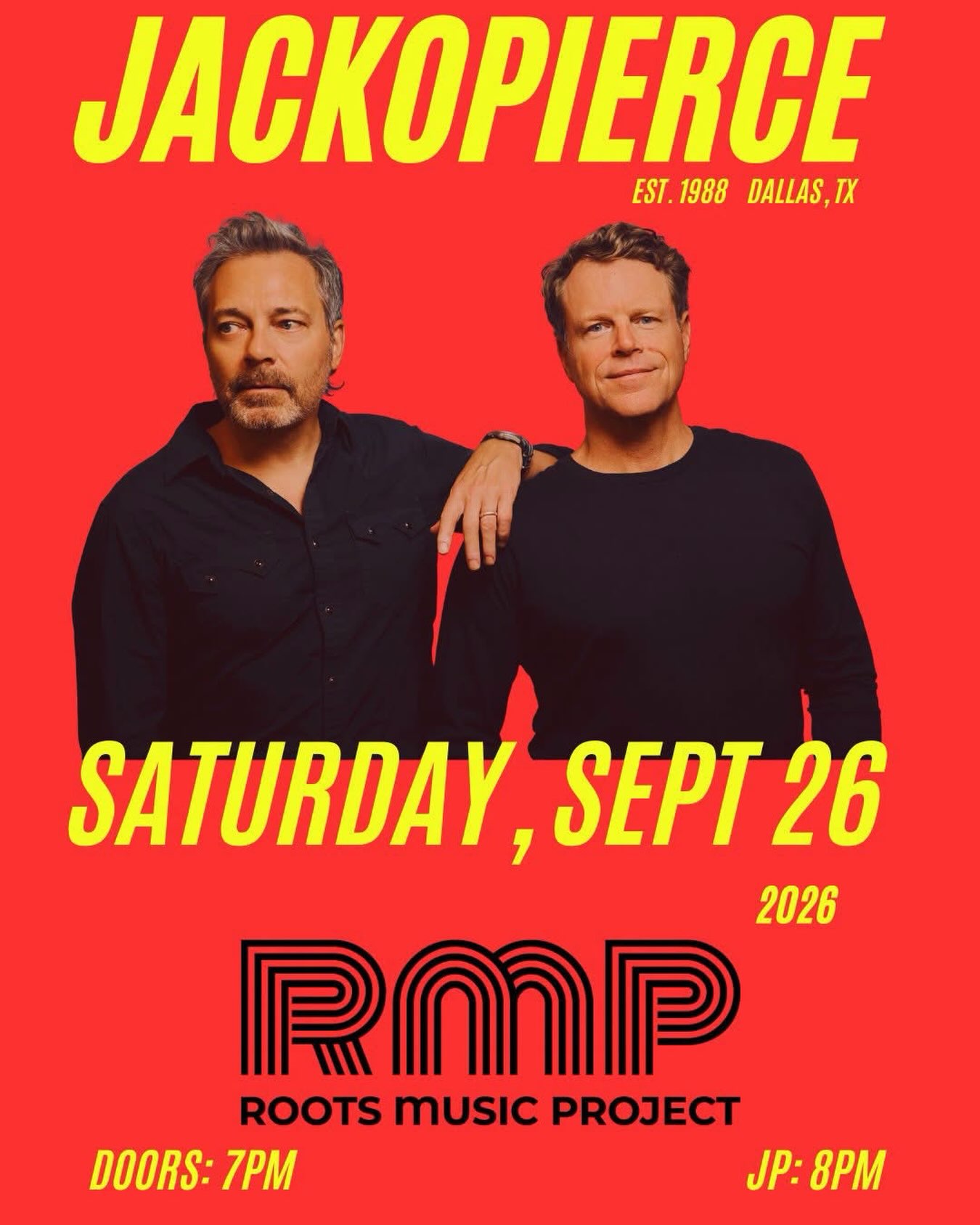 πΆ Jackopierce @jackopierce is coming to Roots Music Project! πΈβ¨
After 35 years, three continents, and sharing stages with artists like John Mayer, Dave Matthews, and Sheryl Crow, this legendary duo is bringing their signature soaring harmonies to Boulder for an intimate seated evening. π€π₯
π
Saturday, September 26th
πͺ Doors: 7:00 PM
π€ Show: 8:00 PM
π Roots Music Project β 4747 Pearl St, Boulder
ποΈ Reserved seating, high-top tables, and Premium Pods available β these seats will go fast!
Get your tickets now at: RMPtix.com
.
.
.
#Jackopierce #LiveMusicBoulder #SingerSongwriter #BoulderEvents #RootsMusicProject