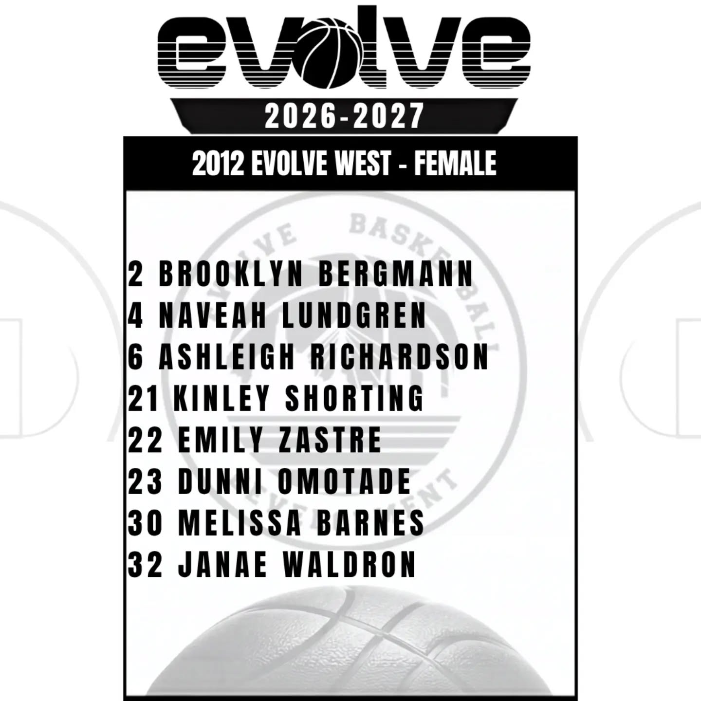 2012 Evolve West - Female team
Coached by Jon Lundgren, Spiros Kavadas, Summer Richardson and Dan Waldron.