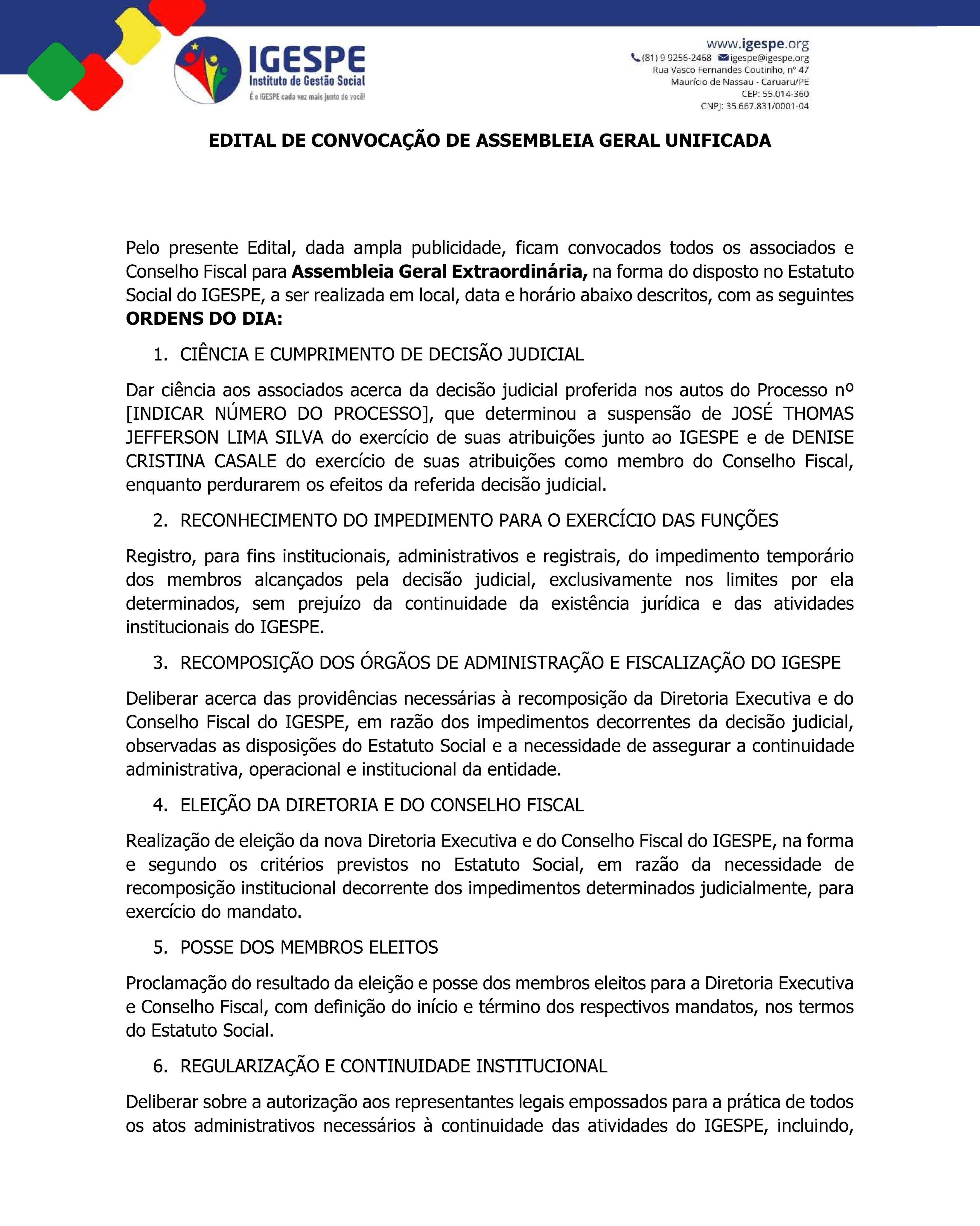 EDITAL DE CONVOCAÇÃO PARA ASSEMBLEIA EXTRAORDINÁRIA DOS ASSOCIADOS DO IGESPE.