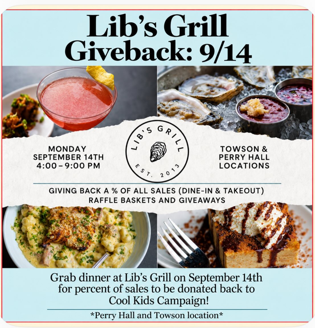 💛 DINE OUT & GIVE BACK 💛
This Monday, September 14th, our Perry Hall and Towson locations are coming together to support the Cool Kids Campaign in honor of September being Cancer Awareness Month.
Join us for dinner from 4–9 PM, and a percentage of sales from the evening will be donated directly to the Cool Kids Campaign to help support children and families affected by cancer.
📍 Perry Hall & Towson ONLY
📅 Monday, September 14th
⏰ 4 PM – Close (9 PM)
Come enjoy dinner with us while supporting an incredible cause right here in our community. Every meal helps make a difference. 💛
We hope to see you there!