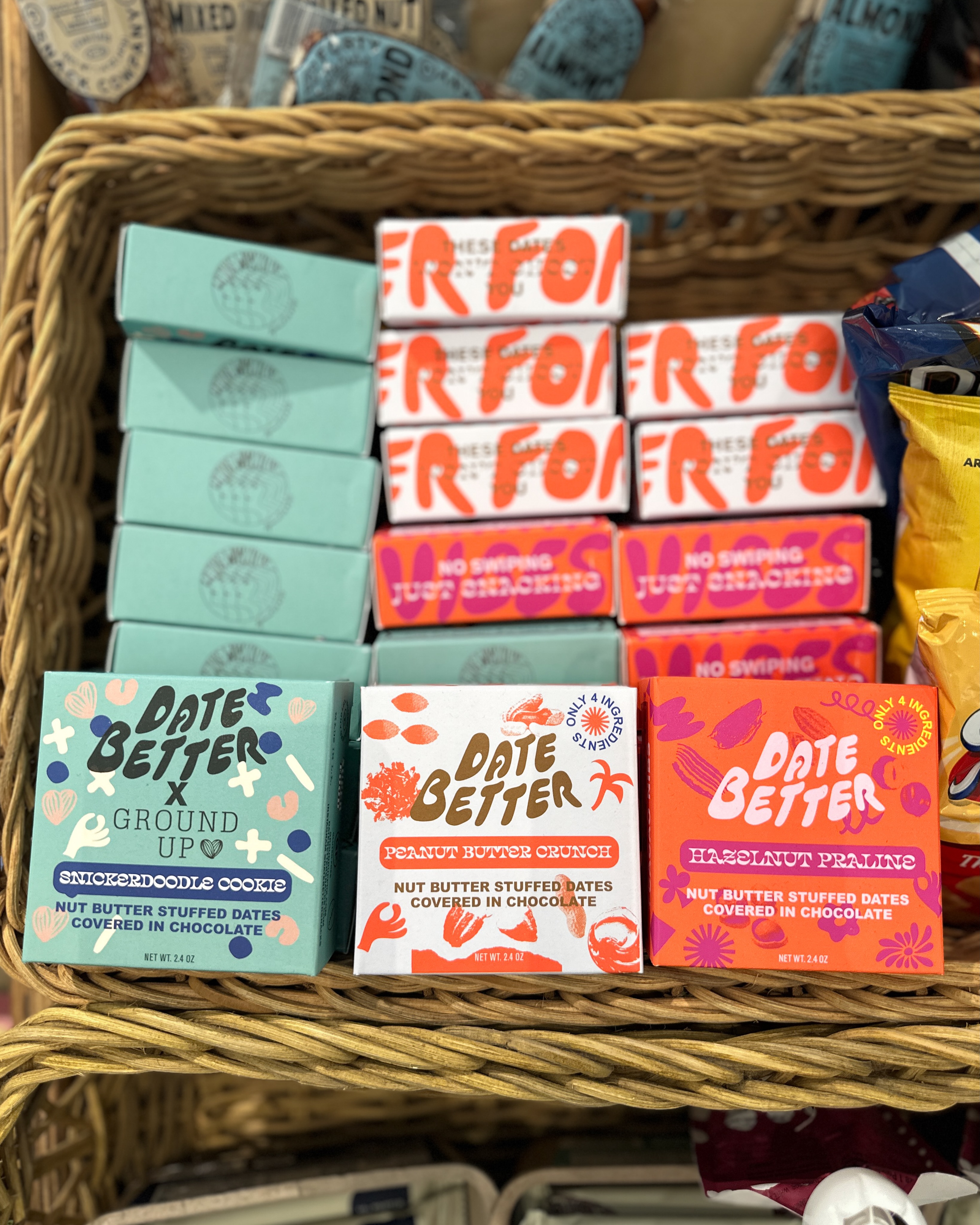 Date Better is stocked in three flavors: Snickerdoodle Cookie, Peanut Butter Crunch + Hazelnut Praline. Nut butter stuffed dates, covered in chocolate, aka the perfect little treat to grab on your way out.