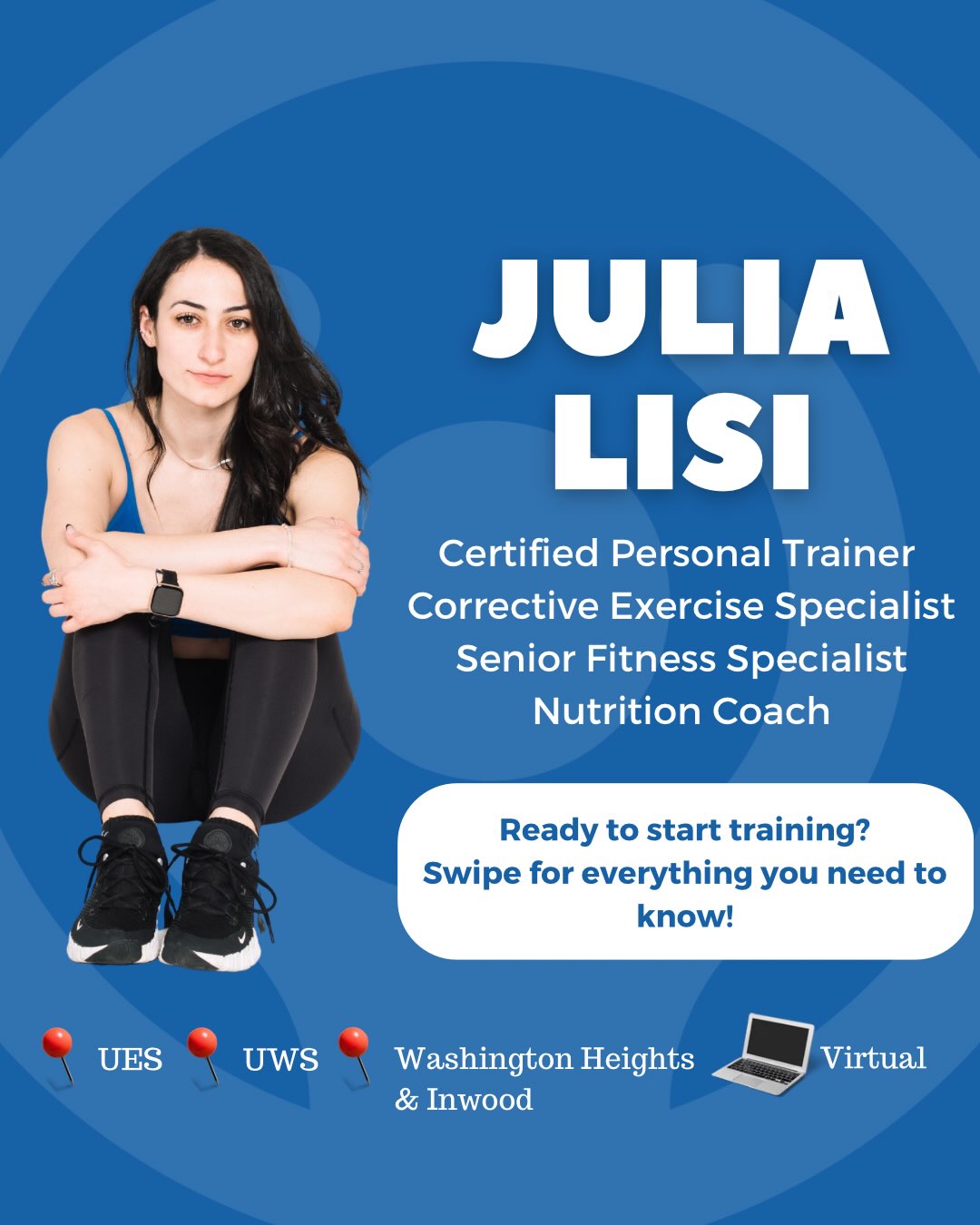 Updated infographic as I add more specialized credentials and further hone in on my mission as a health & wellness professional 🙏🏼
Working with populations often overlooked by the fitness industry is my greatest passion. Whether you are dealing with chronic illness or disease, chronic pain, mental health barriers to exercise, or are simply an adult over the age of 65, I see you and I promise you there is a way to move your body safely. As someone living with chronic illness I know what it’s like and I will never implement a one-size-fits-all approach. Despite what mainstream fitness culture likes to promote, we don’t always have control over our health just by exercising and eating well. But we can always find an approach that works for YOUR body.
Train with me and I’ll show you how!
Julia Lisi
CPT, CES, SFS, PN1 Nutrition Coach