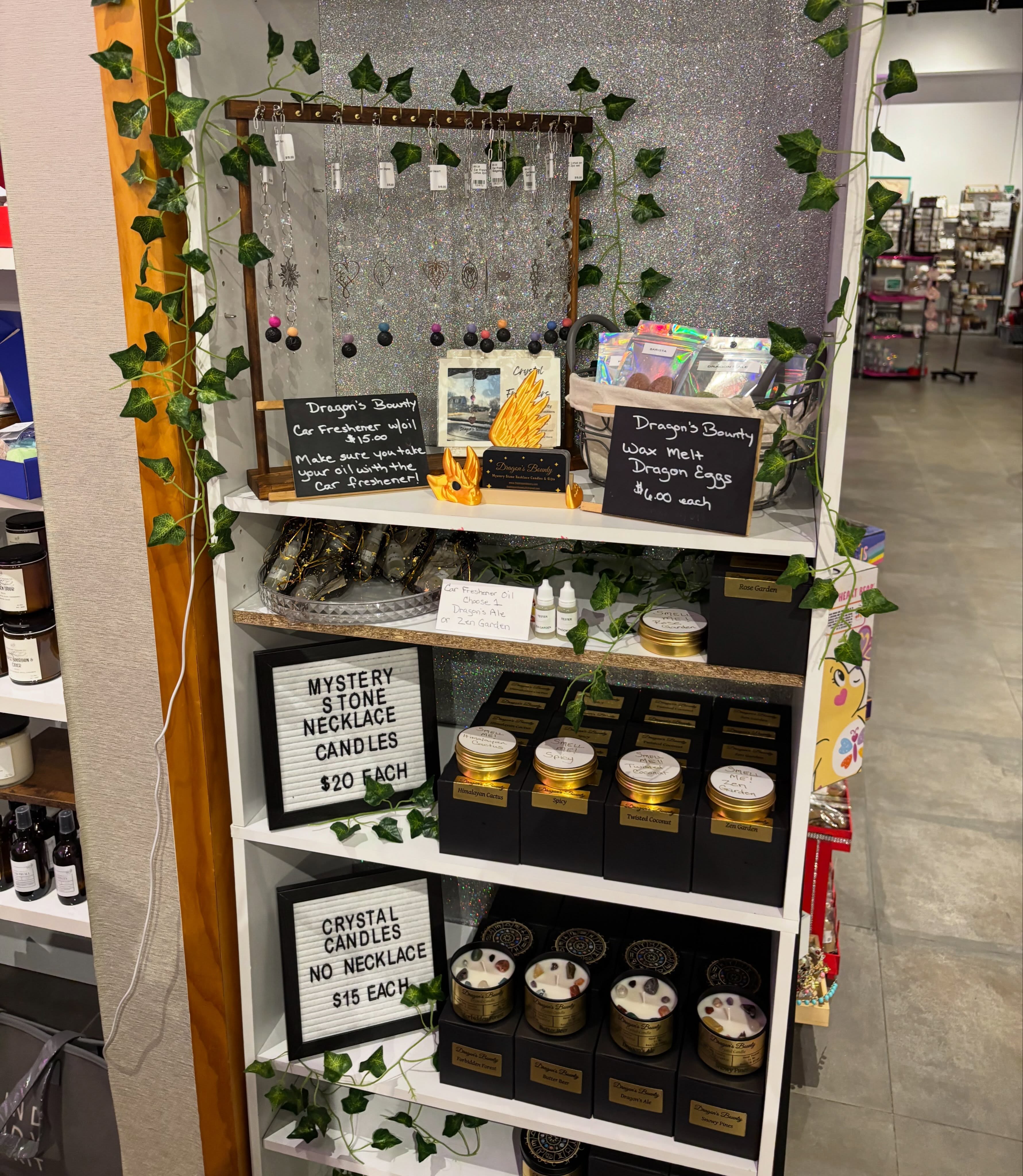 We are very excited to welcome @dragonsbounty into our Kingston location with their amazing crystal candles, mystery stone necklace candles, car diffusers & dragon egg wax melts! Just in time for spooky season! Come sniff some candles in person or as always we can ship directly to you or transport to Medford for pick up!