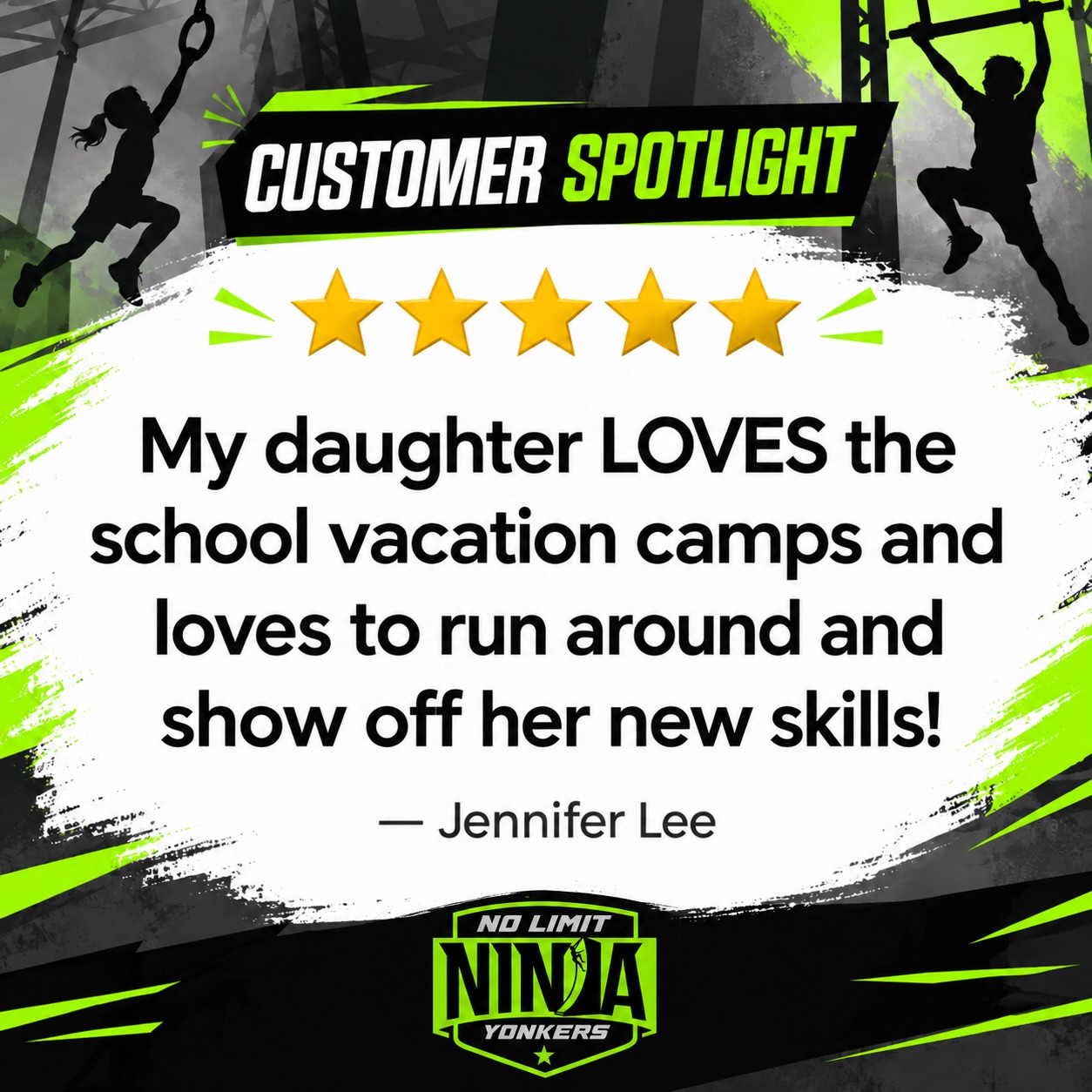 ⭐️⭐️⭐️⭐️⭐️
We love hearing that our ninjas are having a blast while building new skills and confidence!
Thank you, Jennifer, for sharing your experience. There’s nothing better than seeing our campers excited to run, climb, conquer obstacles, and proudly show off what they’ve learned! 💚🥷
Ready for your child to join the fun? Visit YonkersNinja.com/SchoolBreakCamps to learn more about our upcoming school vacation camps!
#NoLimitNinjaYonkers #NinjaCamp #WestchesterKids #SchoolBreakCamp