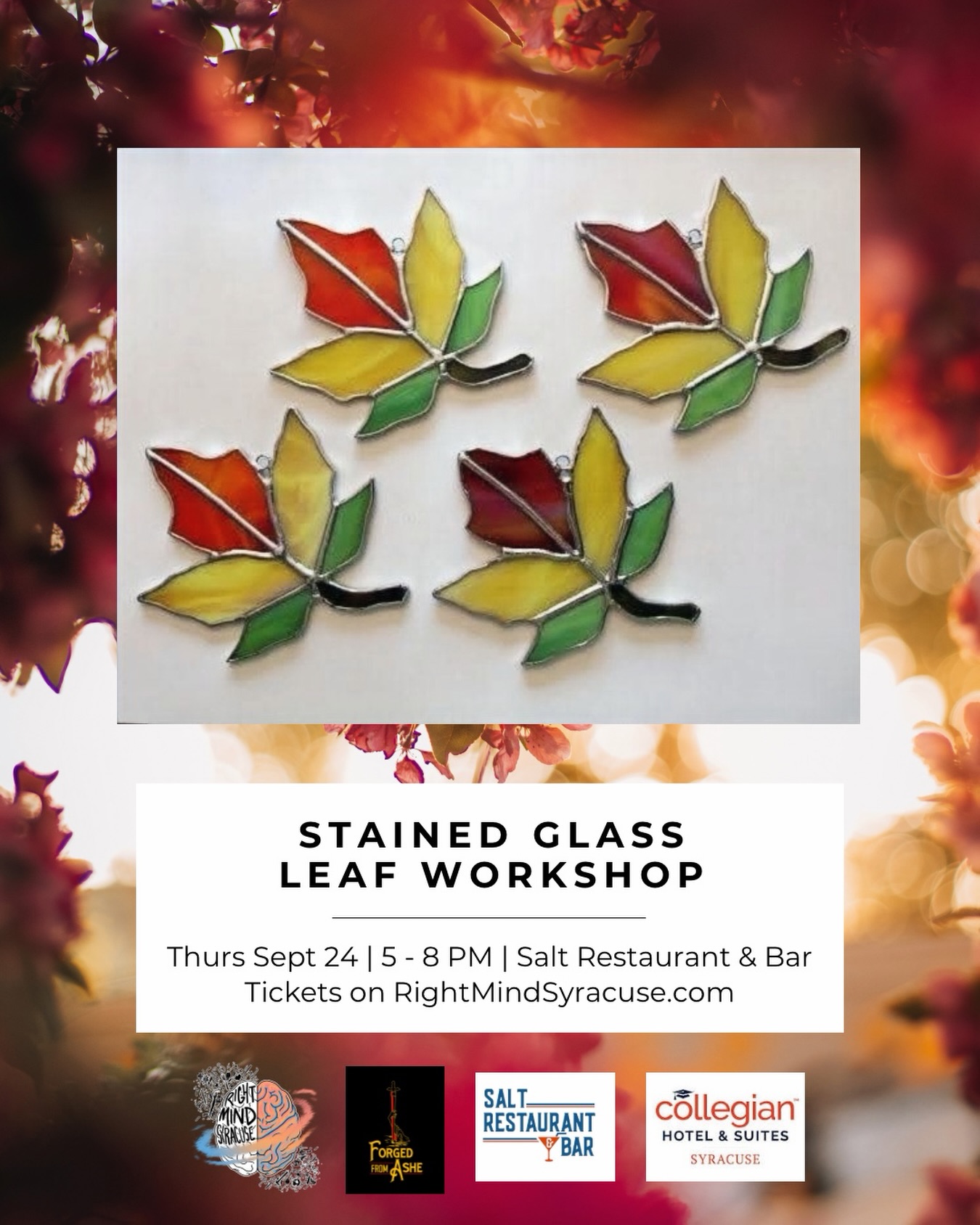 I can’t beLEAF it’s already mid September and already almost time for our next stained glass workshop with @forgedfromashestudios!
Join your host Ashe to learn some stained glass basics and make your own Autumn leaf! (This is beginner friendly of course!) 🍁 😍
All while enjoying that @salt.restaurant.syracuse deliciousness to fuel your creativity! 🥂
Grab your tickets 🎟️ on RightMindSyracuse.com (link in bio - only tickets left btw 🔥) and we can’t wait to see you there! 🧡 #rightmindsyracuse #syracuse
.
.
.
.
#downtownsyracuse #syracuseevents #syracuseuniversity @collegian.syracuse.hotel