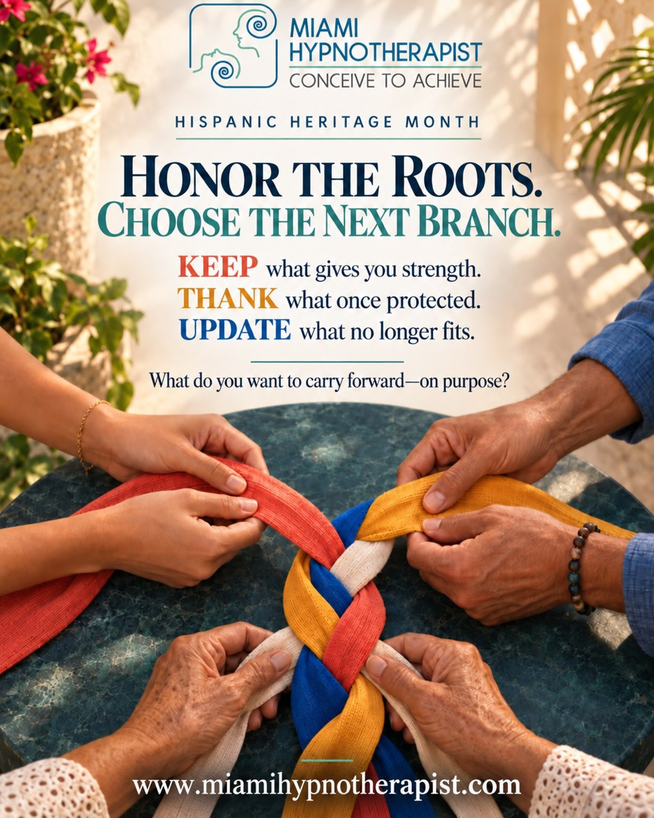 Hispanic Heritage Month invites us to honor the histories, languages, traditions, and contributions that continue to shape our communities.
Honoring heritage does not require freezing it in place. Every generation receives strengths, stories, expectations, and ways of coping. Some still nourish us. Others may deserve a thoughtful update.
Try a quiet inheritance reflection:
KEEP: What tradition or value gives me strength or belonging?
THANK: What pattern once protected my family, even if I no longer need it in the same form?
UPDATE: What would I like to carry forward differently?
You can appreciate where a pattern came from without making it your permanent instruction. Change does not erase your roots. It can be part of how you care for what grows next.
www.miamihypnotherapist.com
esteban@miamihypnotherapist.com
#HispanicHeritageMonth #CulturalIdentity #MiamiCommunity #PersonalGrowth #MiamiHypnotherapist