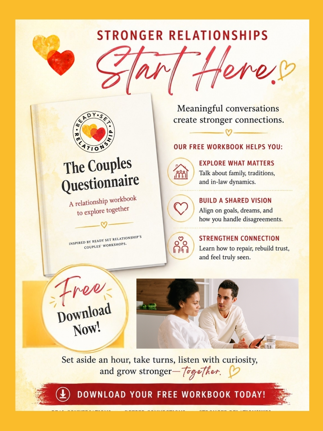 Date night idea: ask each other something you don’t already know the answer to. ❤️
We created our FREE Couples Questionnaire to help partners move beyond “How was your day?” and have some of the conversations that can strengthen a relationship.
What did love look like in your family growing up?
What’s a personal dream you never want to lose inside your “we”?
When you disagree, what helps you feel truly heard?
What does a strong partnership look like to you five years from now?
There are no right answers, and there’s no score at the end. The goal is simply to get curious about each other.
Pour the coffee (or wine!), get comfortable, and start talking.
📥 Download your FREE workbook:
https://www.readysetrelationship.com/free-workbook
Which of those questions would you most like to ask your partner tonight?
#RelationshipGoals #RelationshipAdvice #HealthyRelationships
